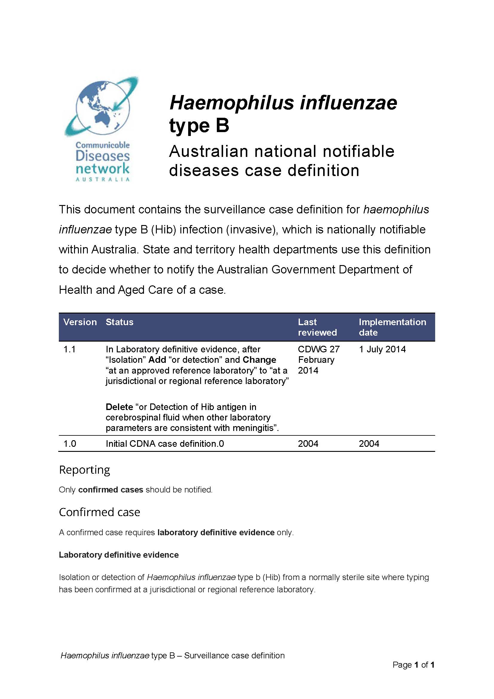 Haemophilus influenzae type b – Surveillance case definition