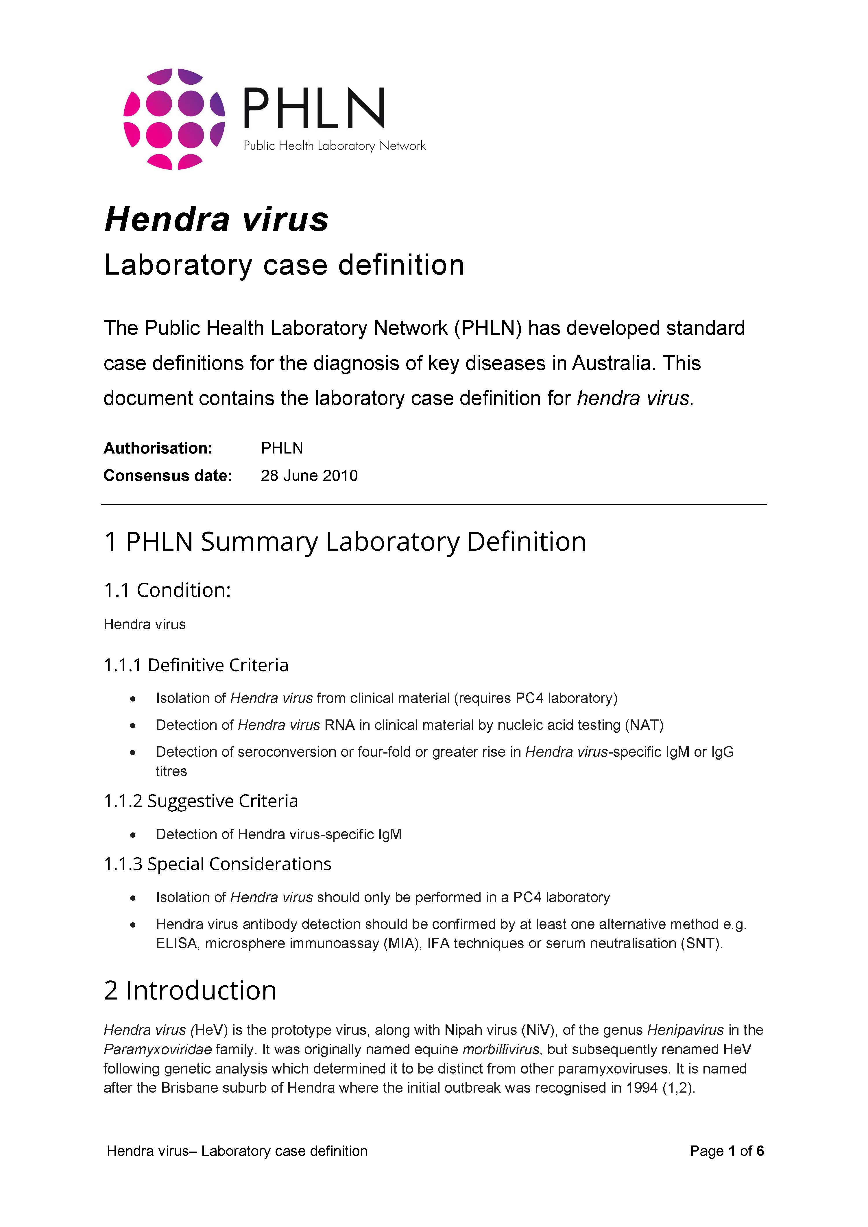 Hendra virus – Laboratory case definition