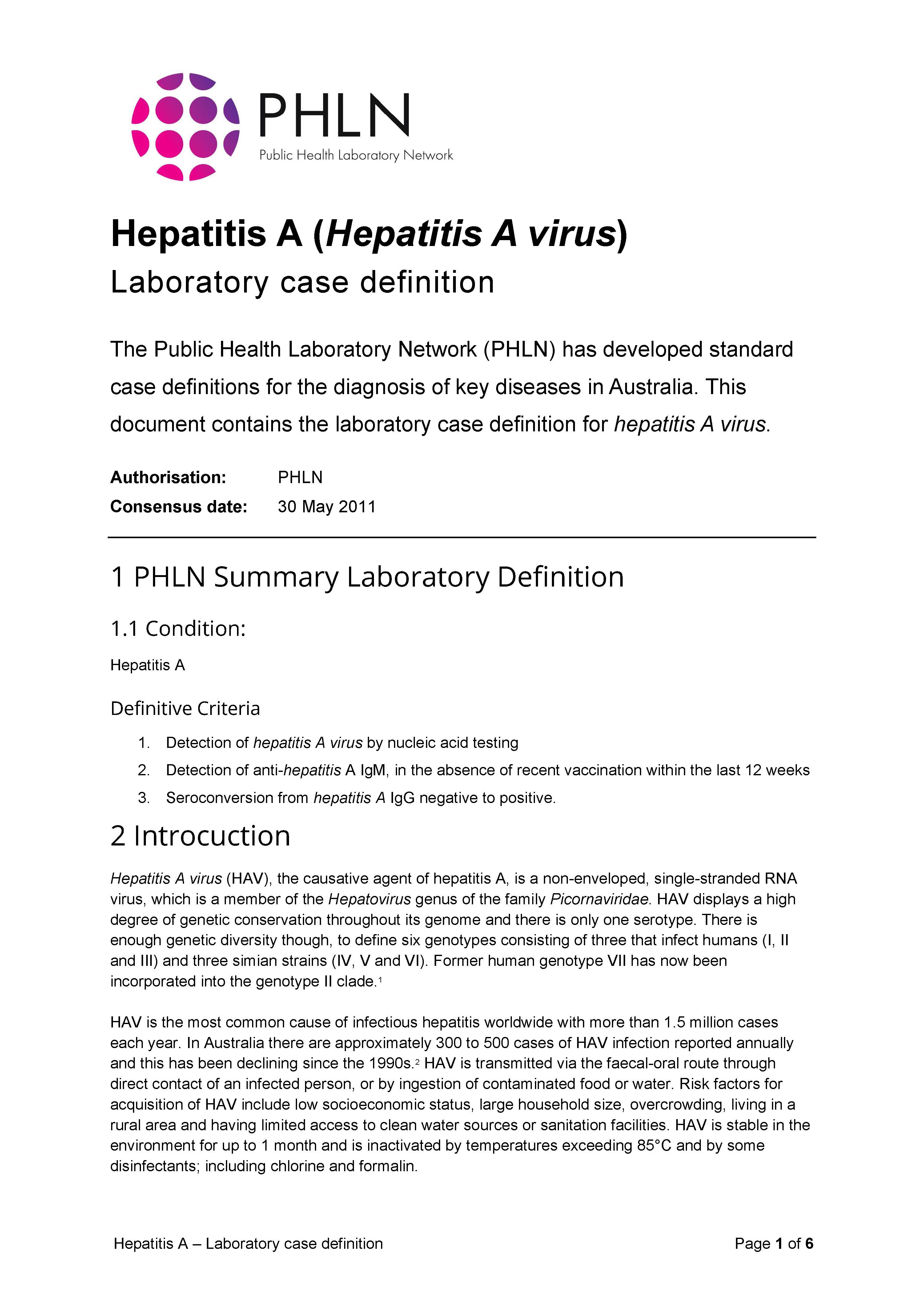 Hepatitis A – Laboratory case definition