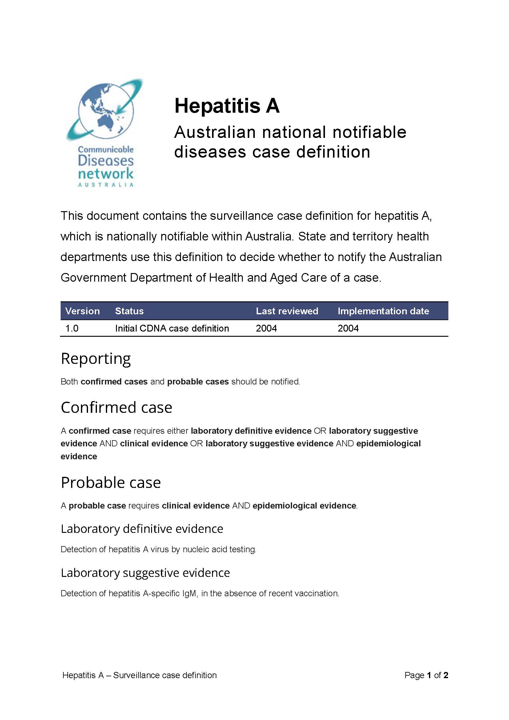 Hepatitis A – Surveillance case definition