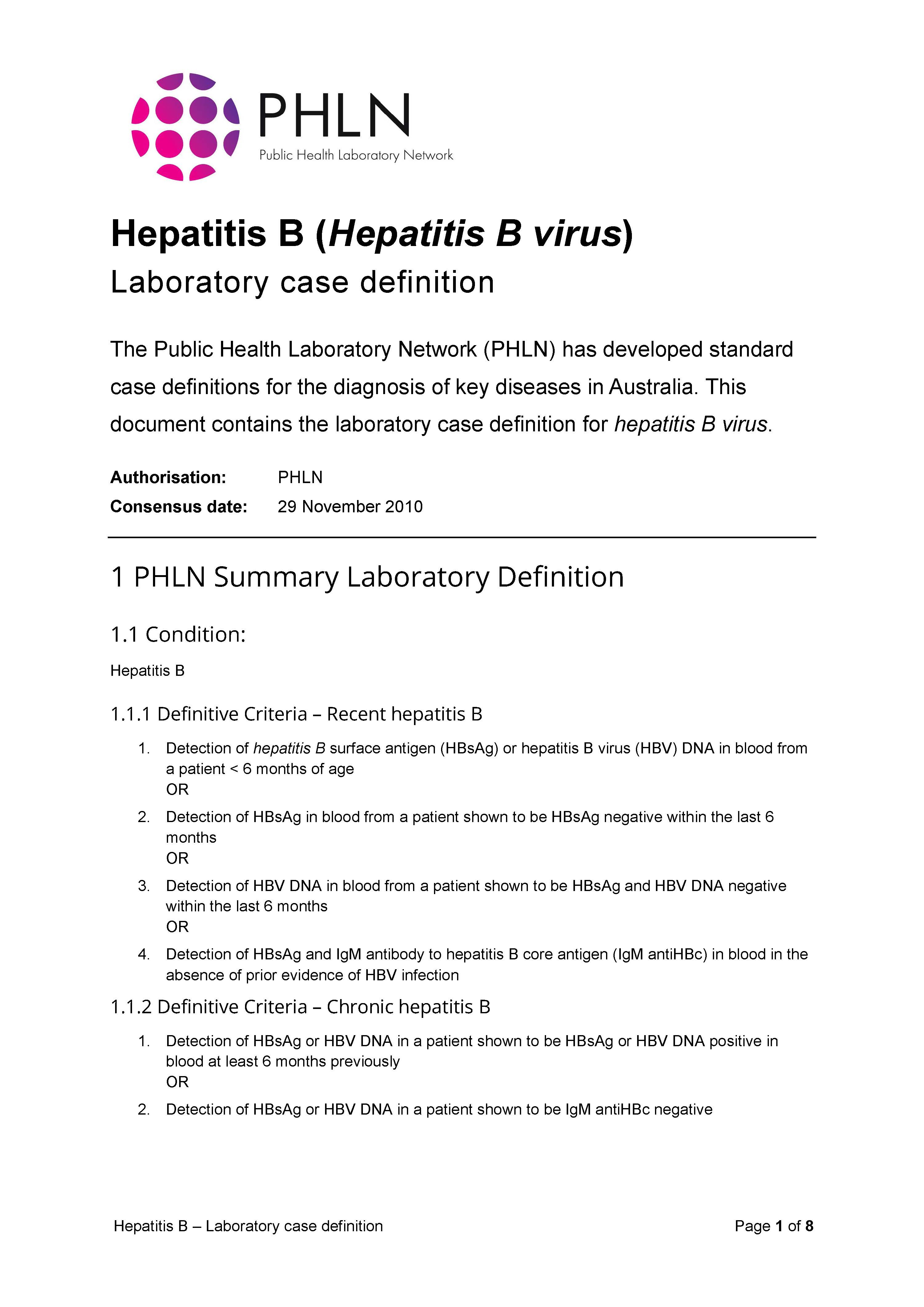 Hepatitis B – Laboratory case definition