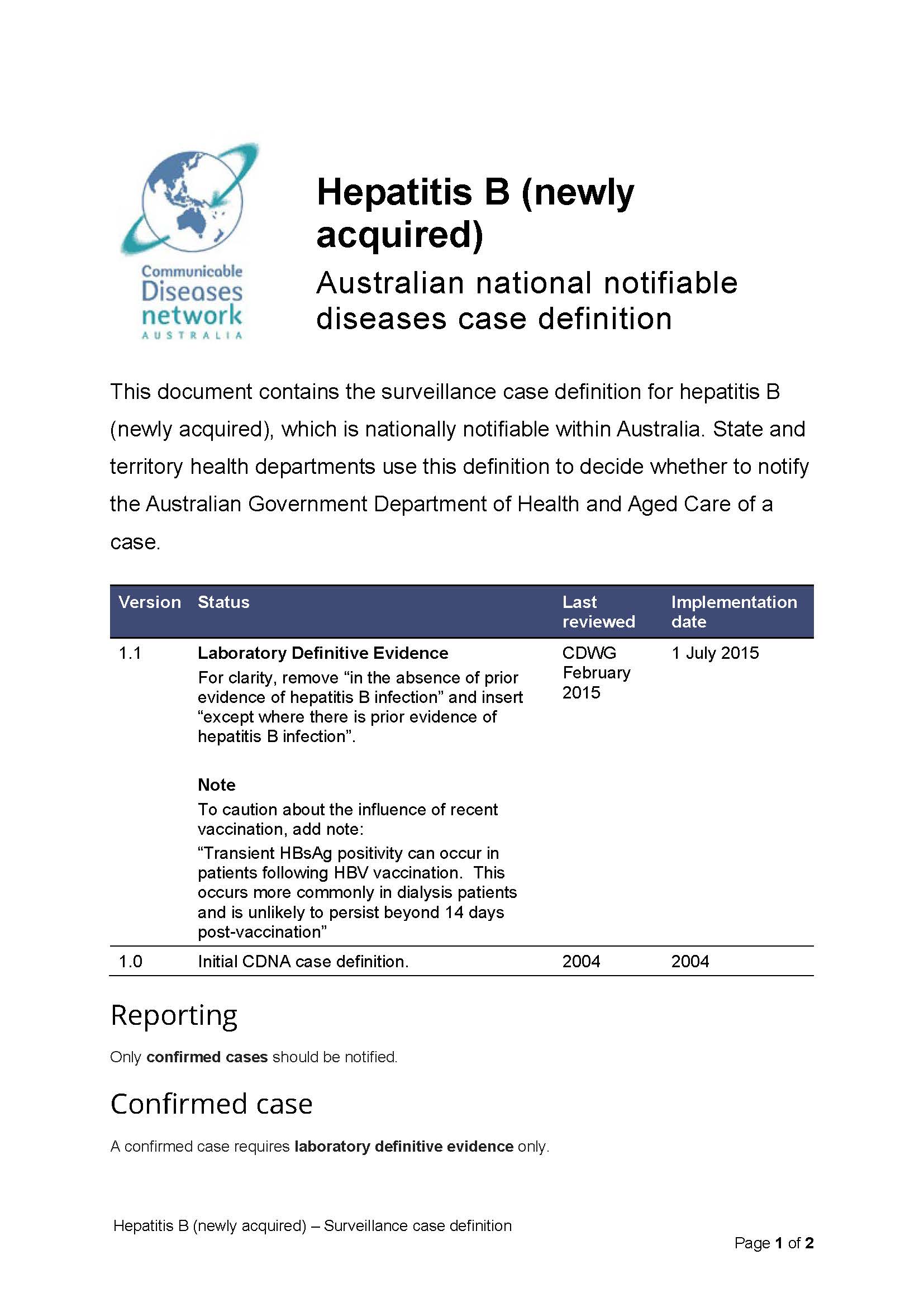 Hepatitis B (newly acquired) – Surveillance case definition