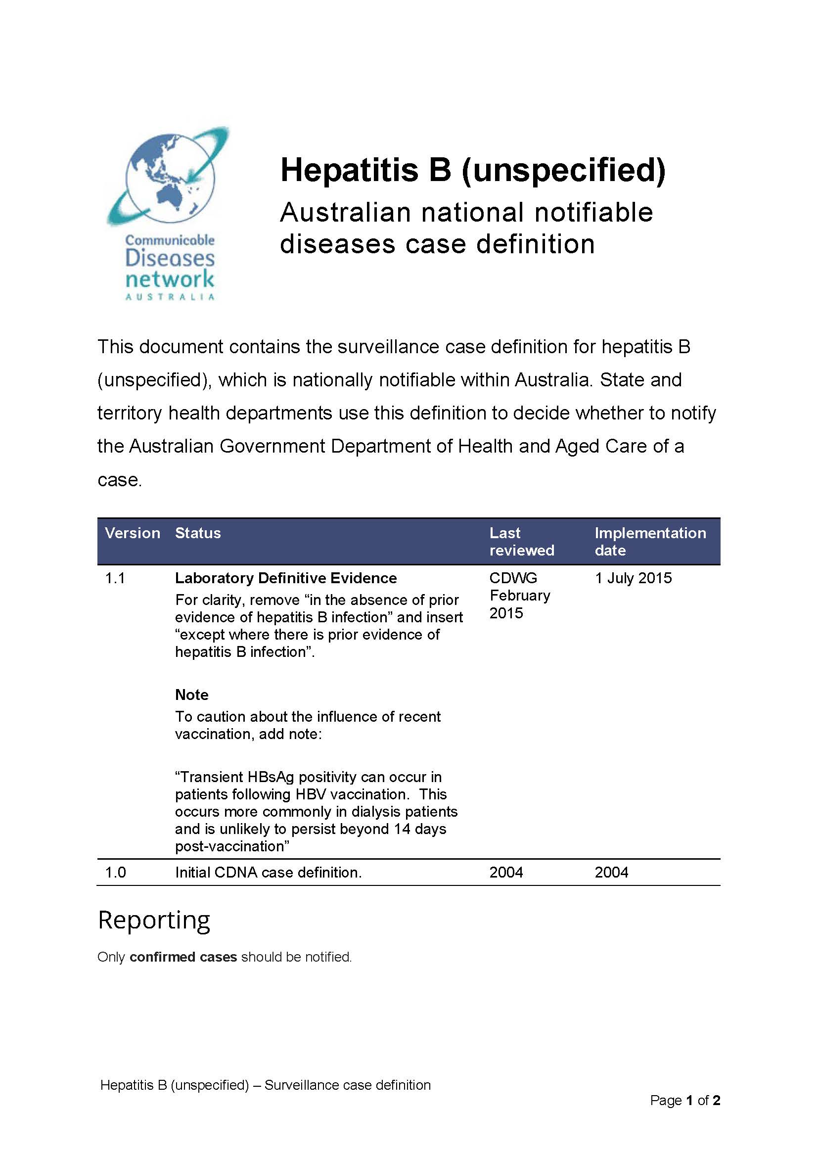 Hepatitis B (unspecified) – Surveillance case definition