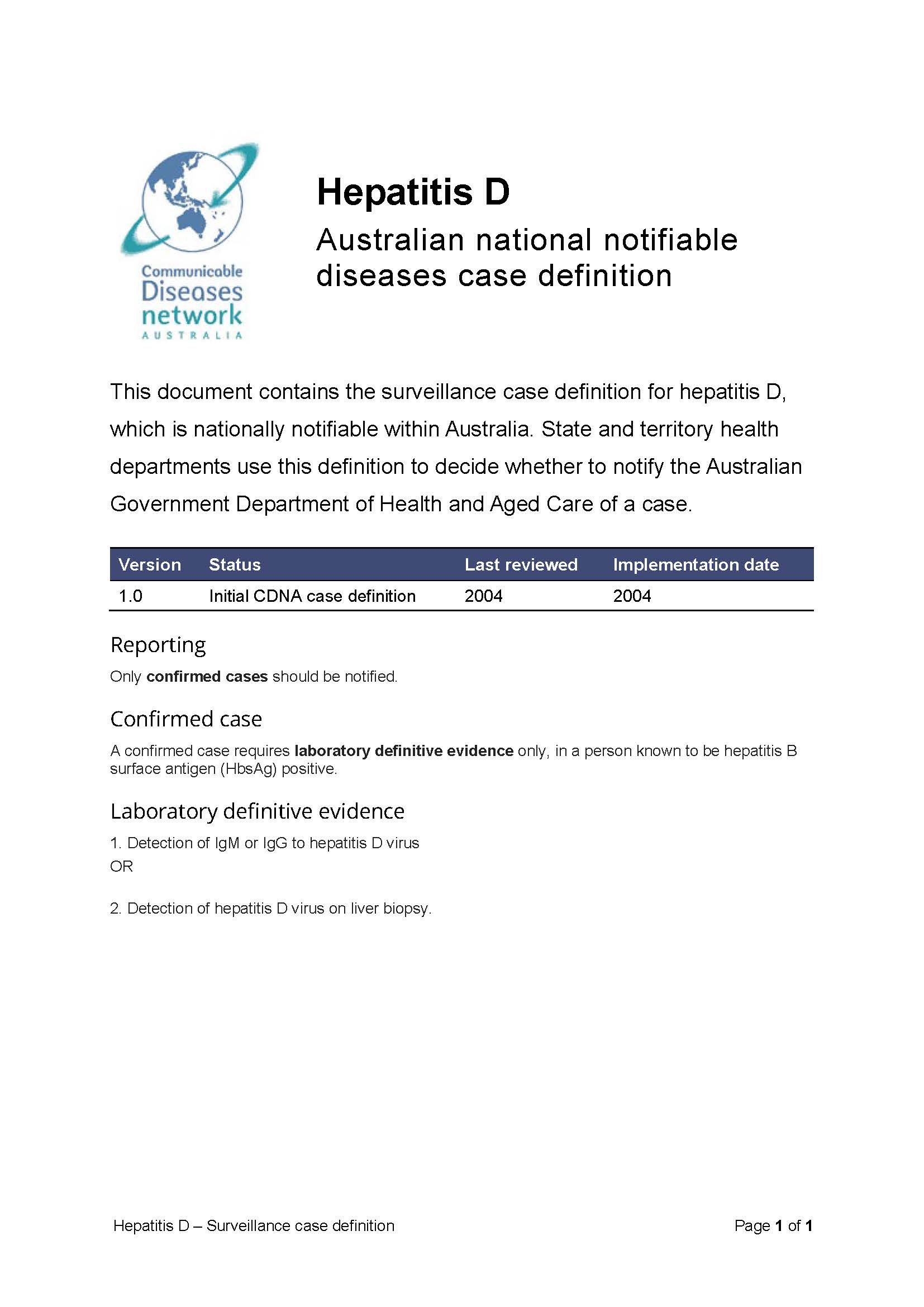 Hepatitis D – Surveillance case definition
