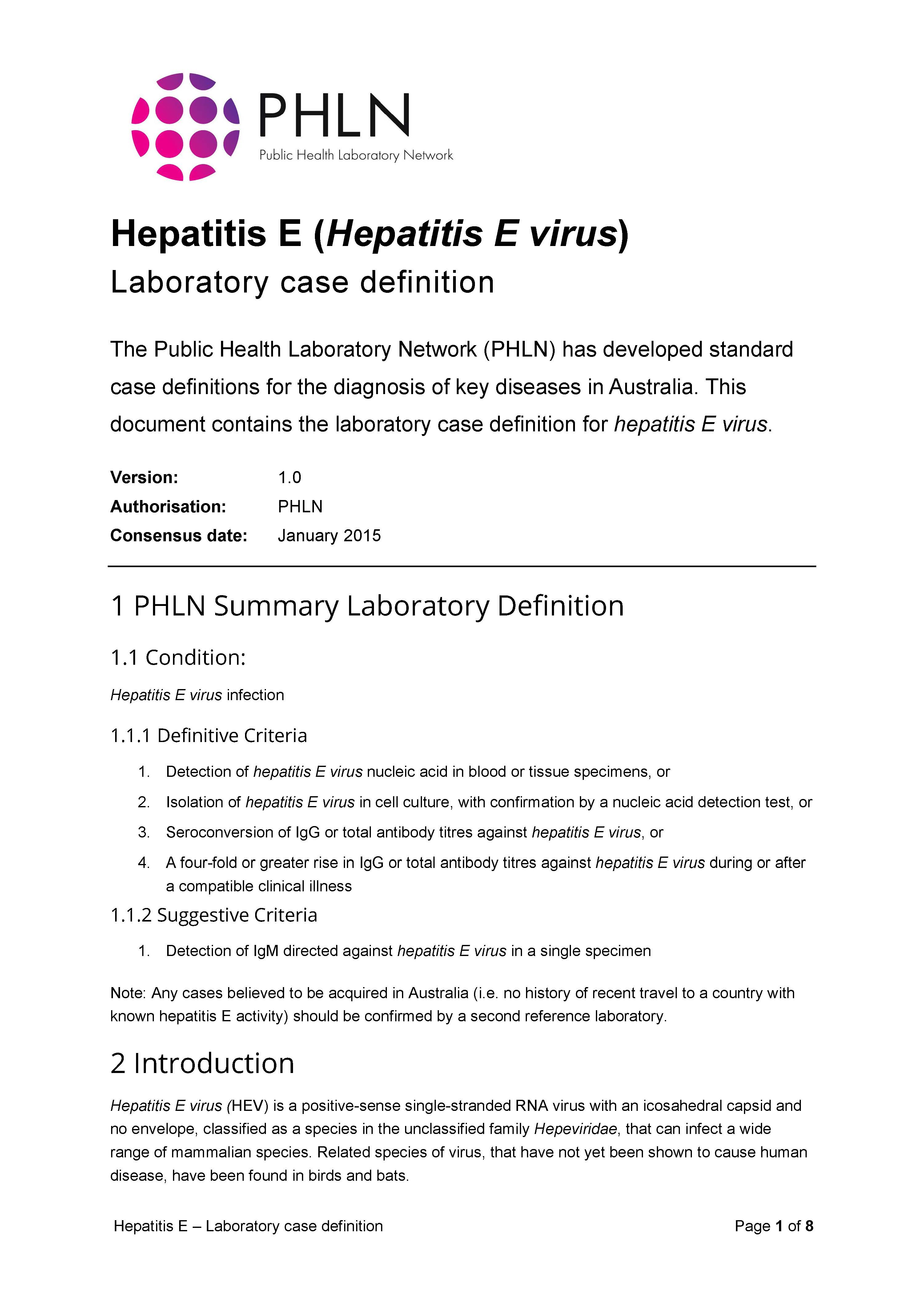 Hepatitis E – Laboratory case definition
