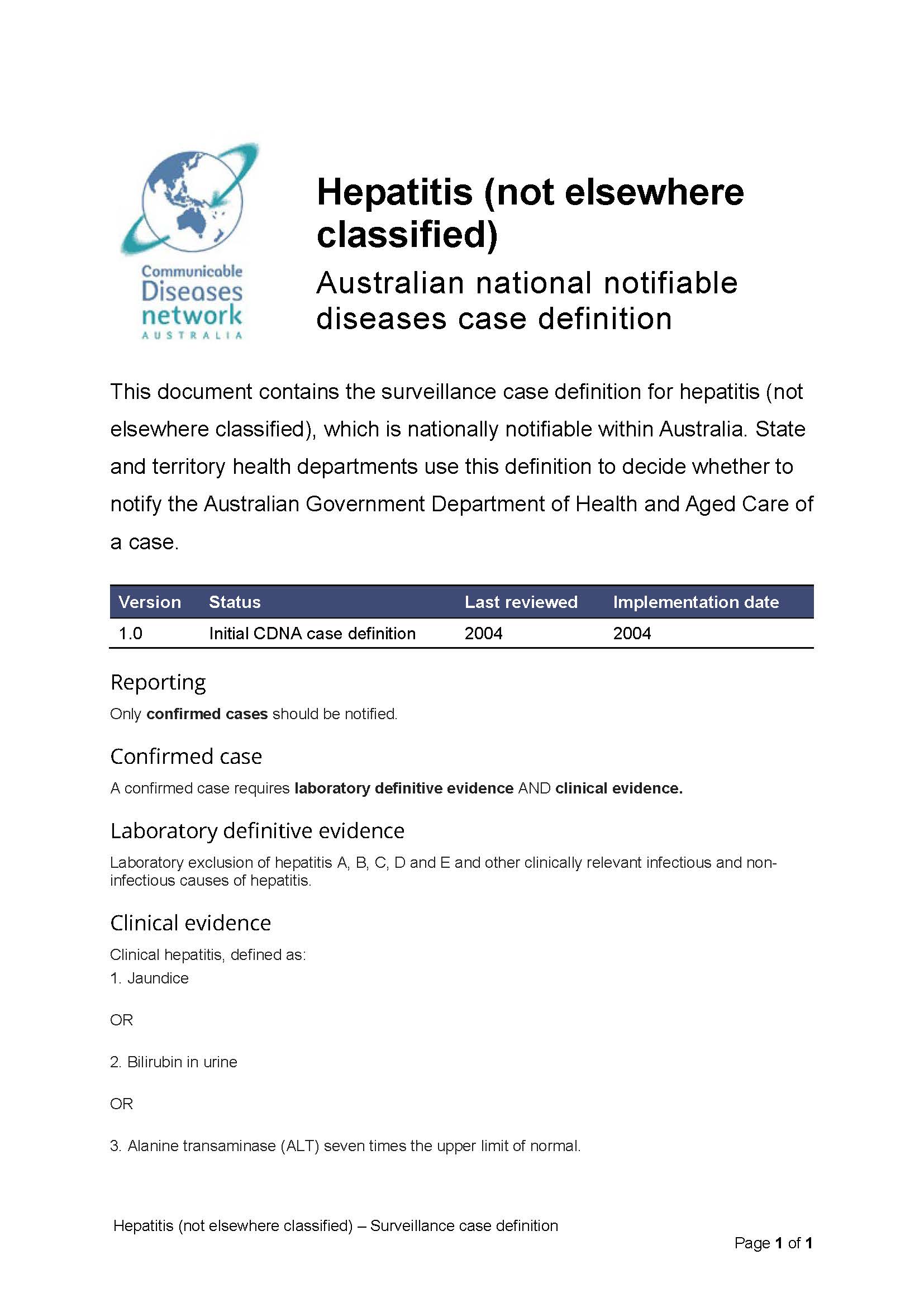 Hepatitis (not elsewhere classified) – Surveillance case definition