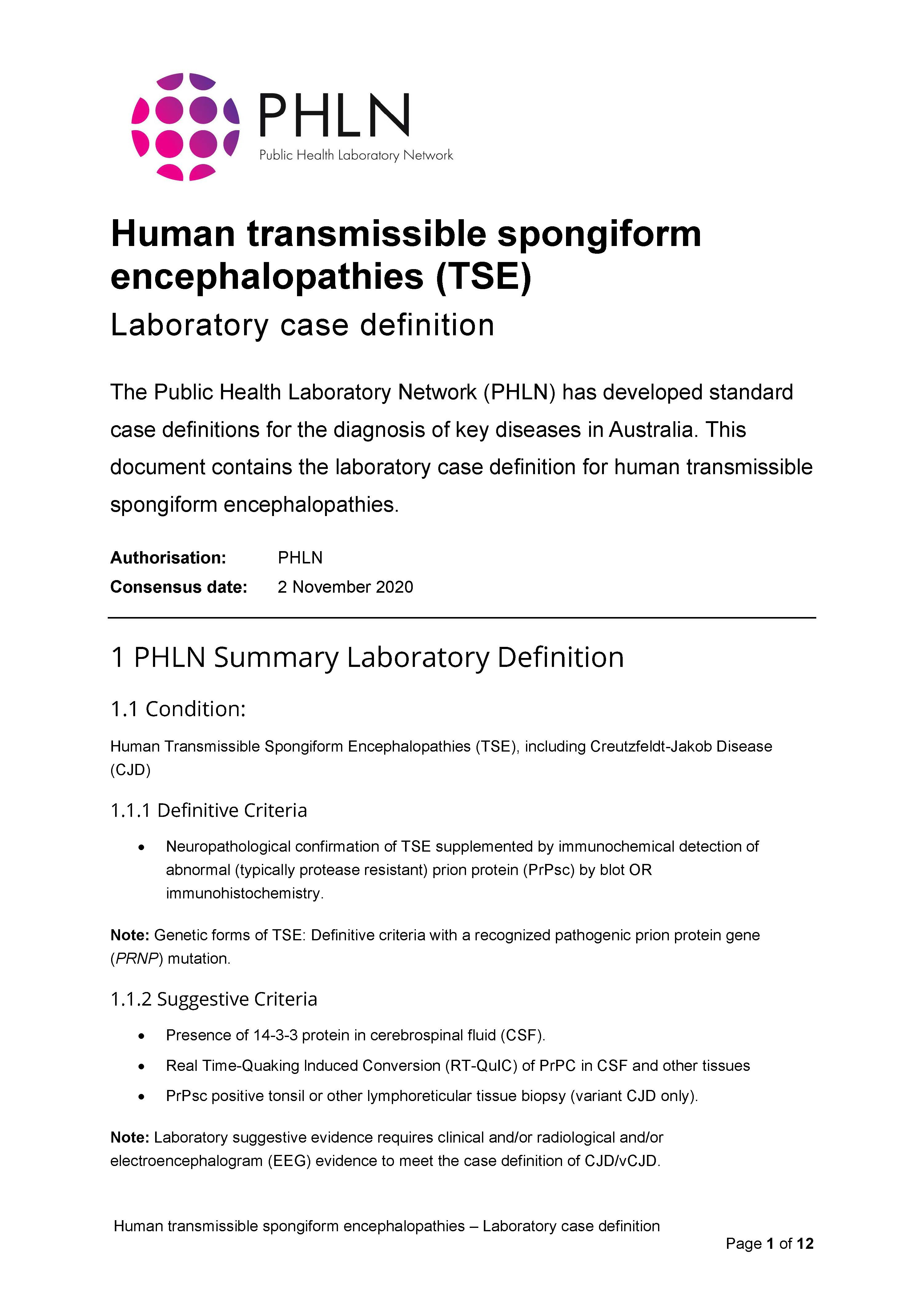 Human transmissible spongiform encephalopathies – Laboratory case definition