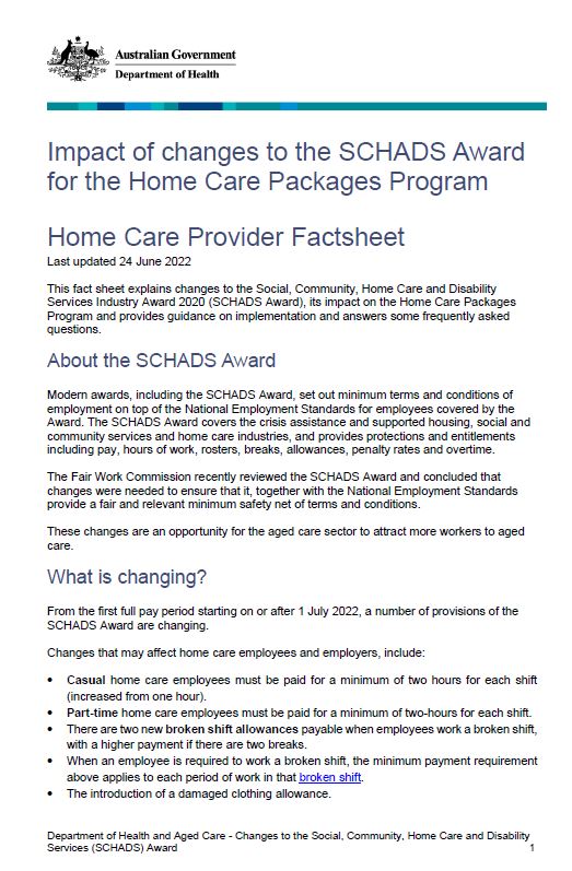 Impact of changes to the SCHADS Award for the Home Care Packages Program 