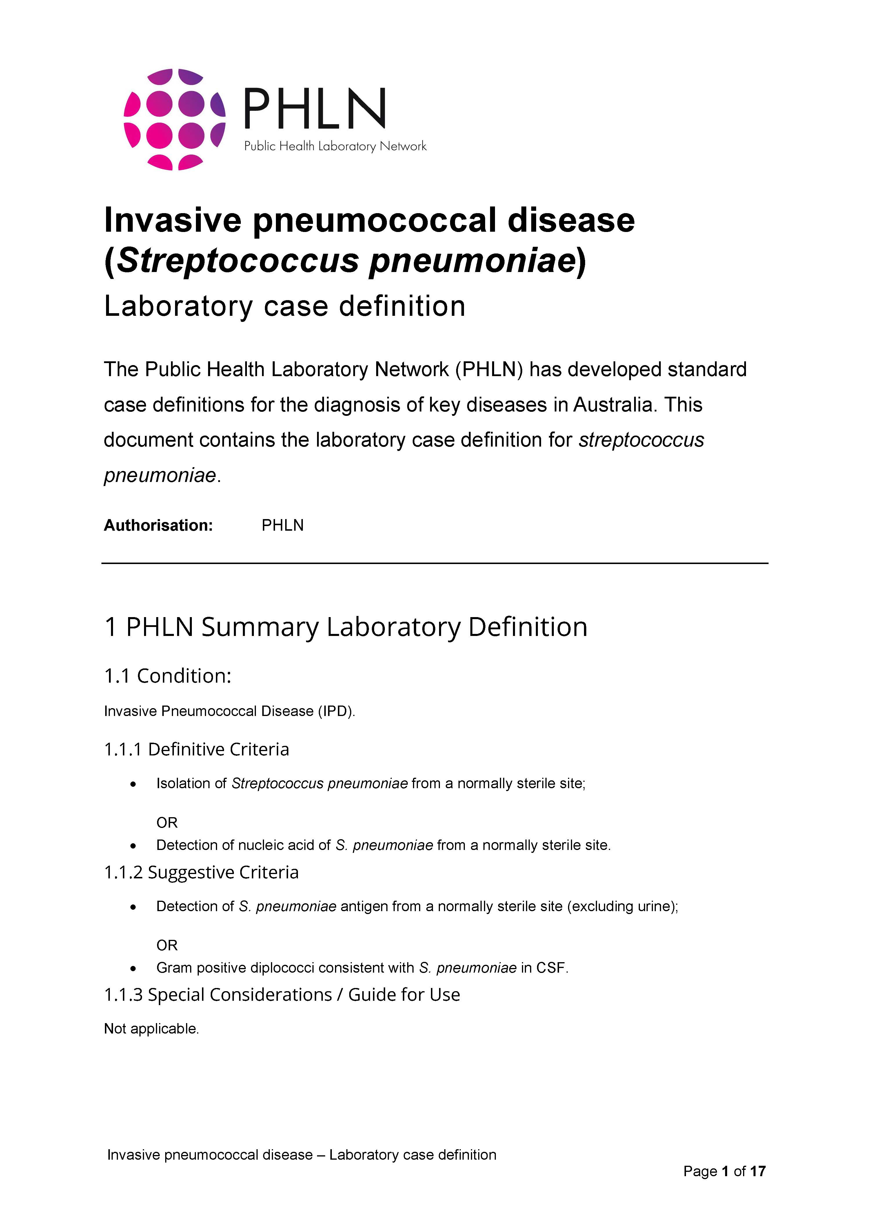 Invasive pneumococcal disease – Laboratory case definition