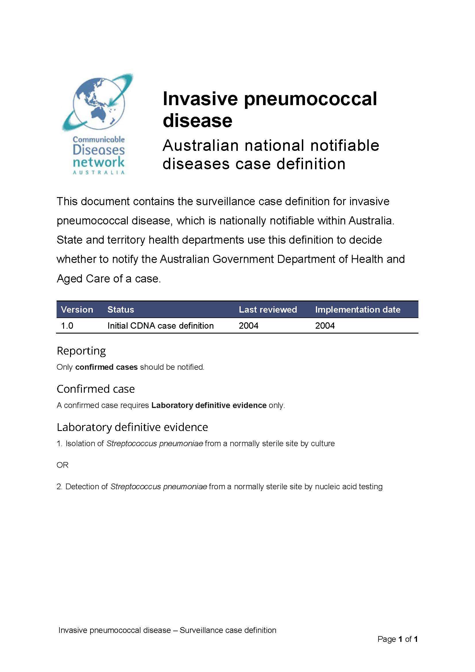 Invasive pneumococcal disease – Surveillance case definition