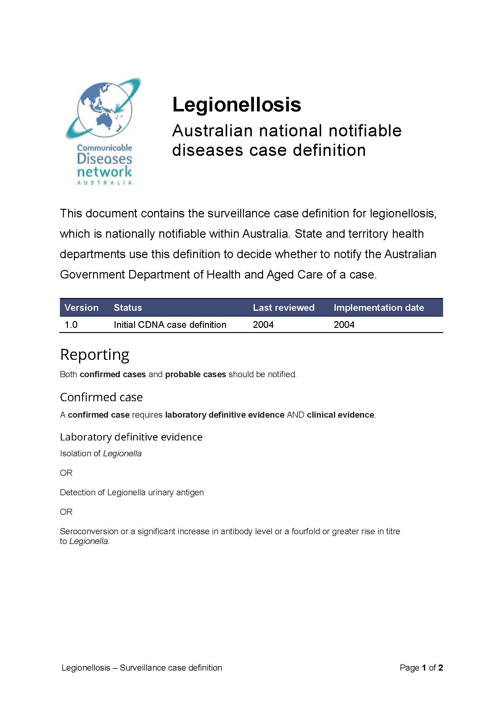 Legionellosis – Surveillance case definition