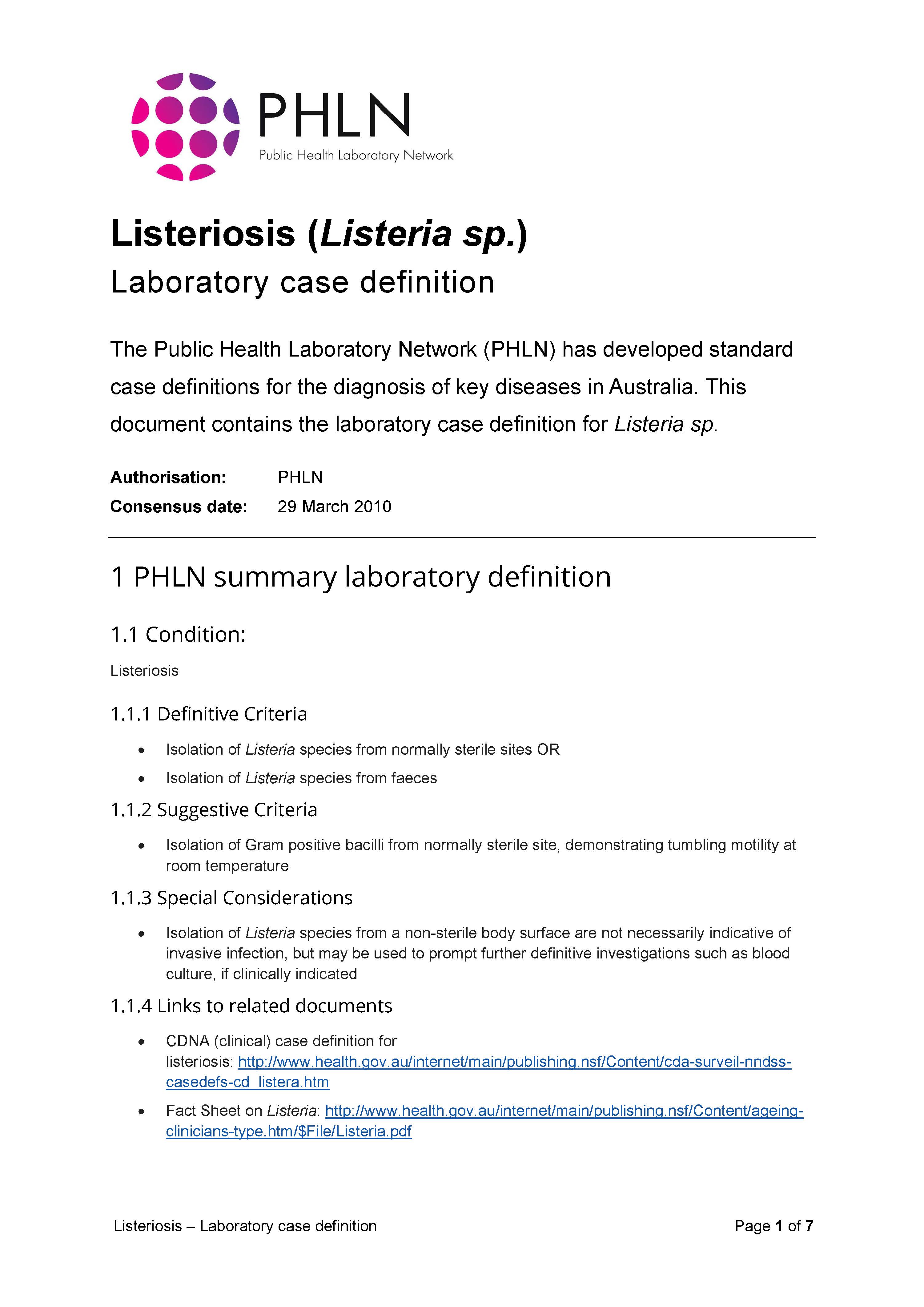 Listeriosis – Laboratory case definition