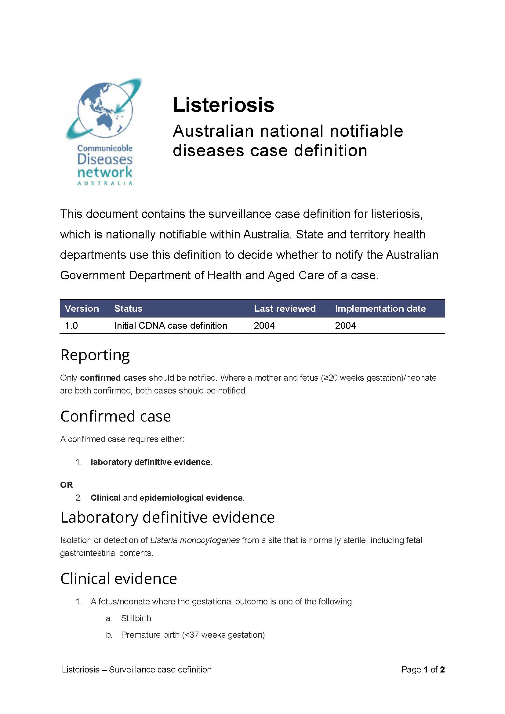Listeriosis – Surveillance case definition