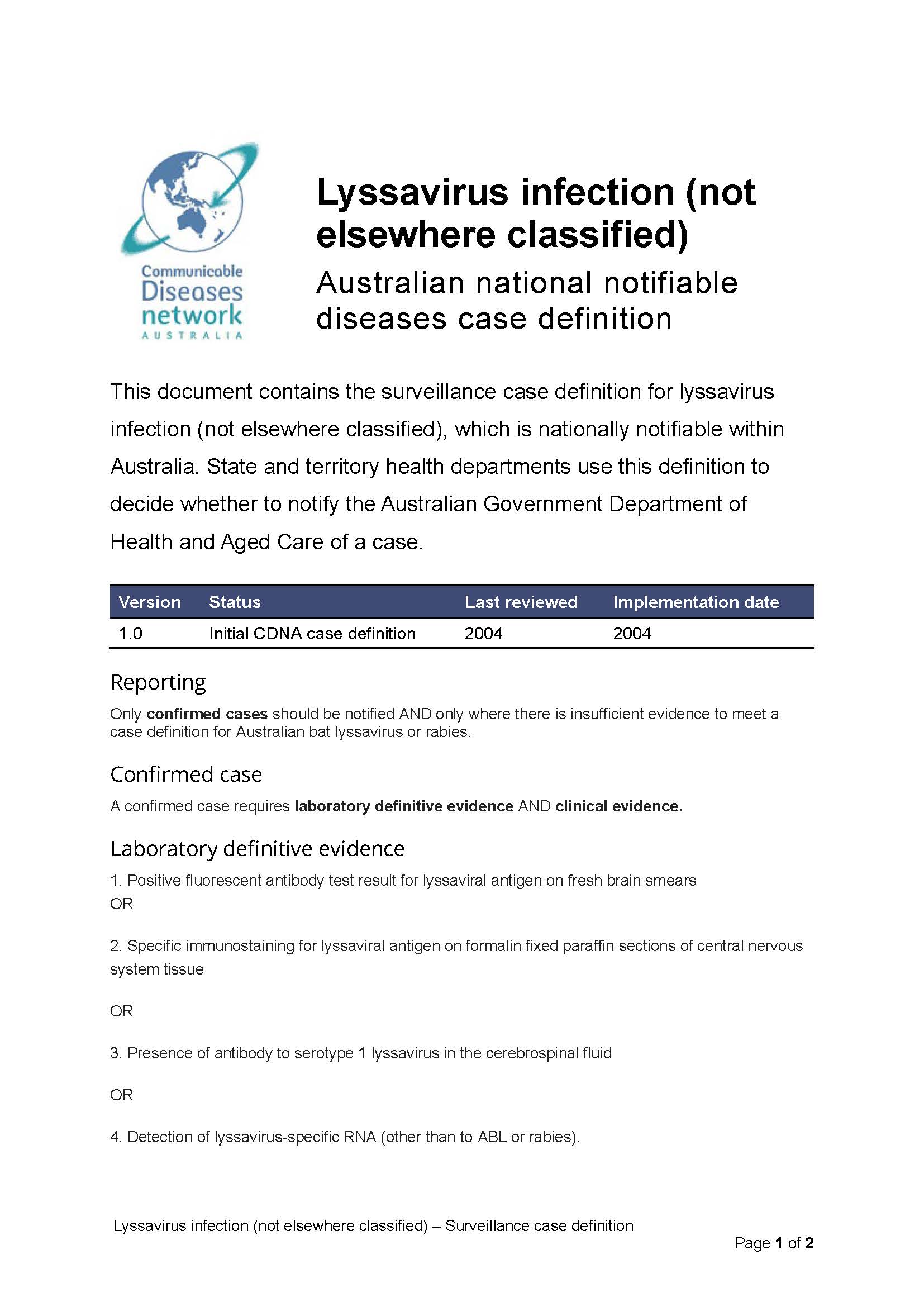 Lyssavirus infection (not elsewhere classified) – Surveillance case definition