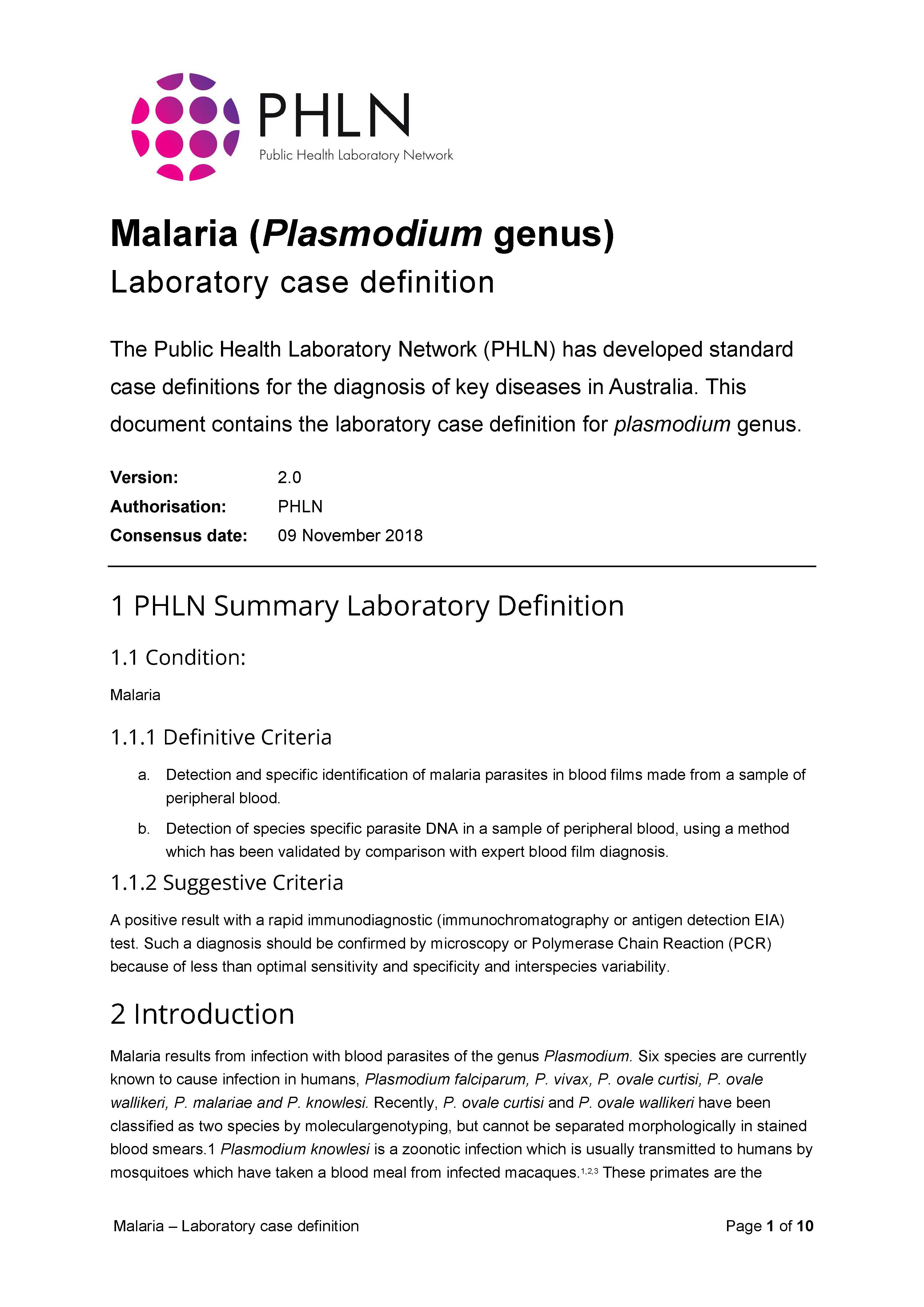 Malaria – Laboratory case definition