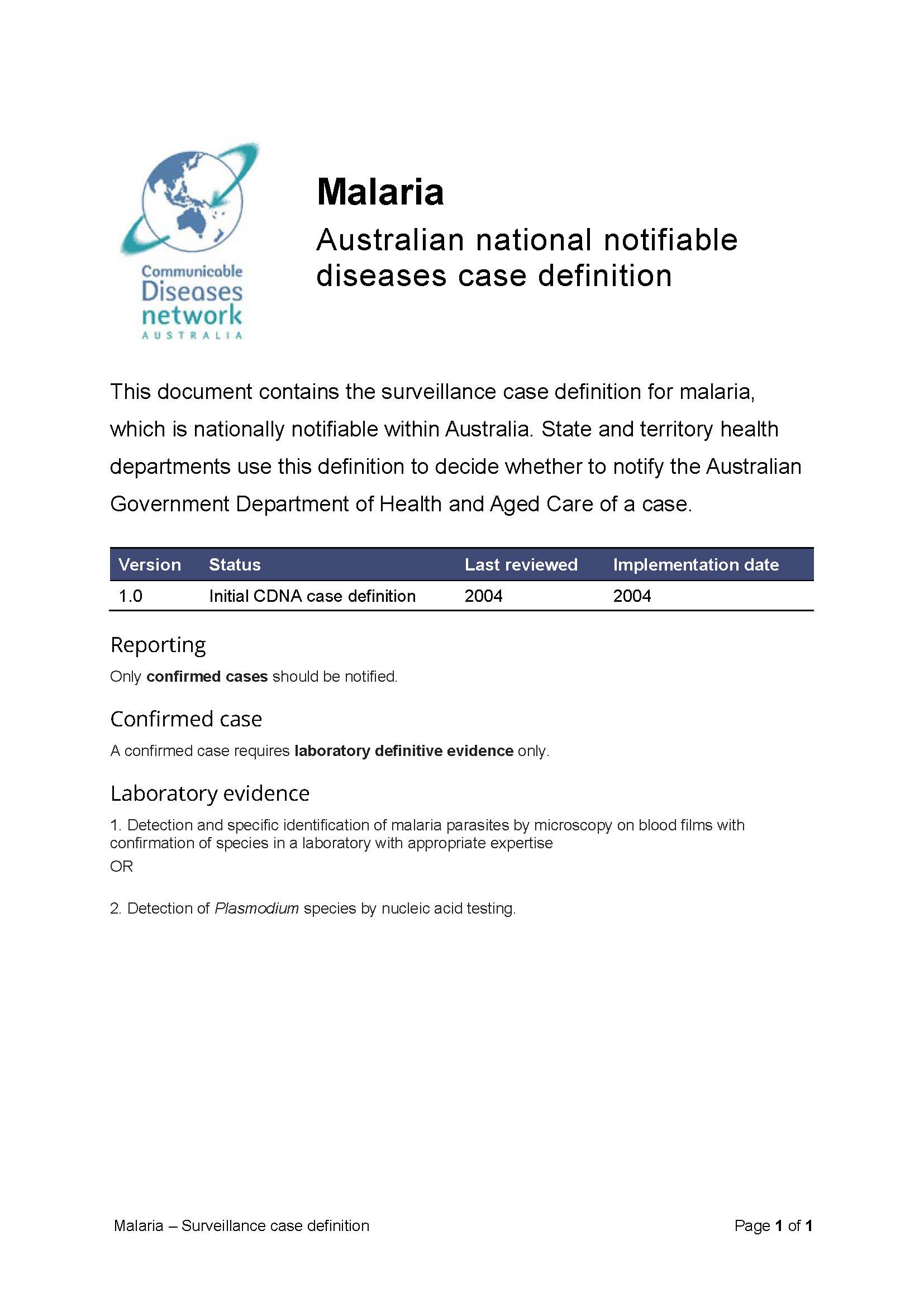 Malaria – Surveillance case definition
