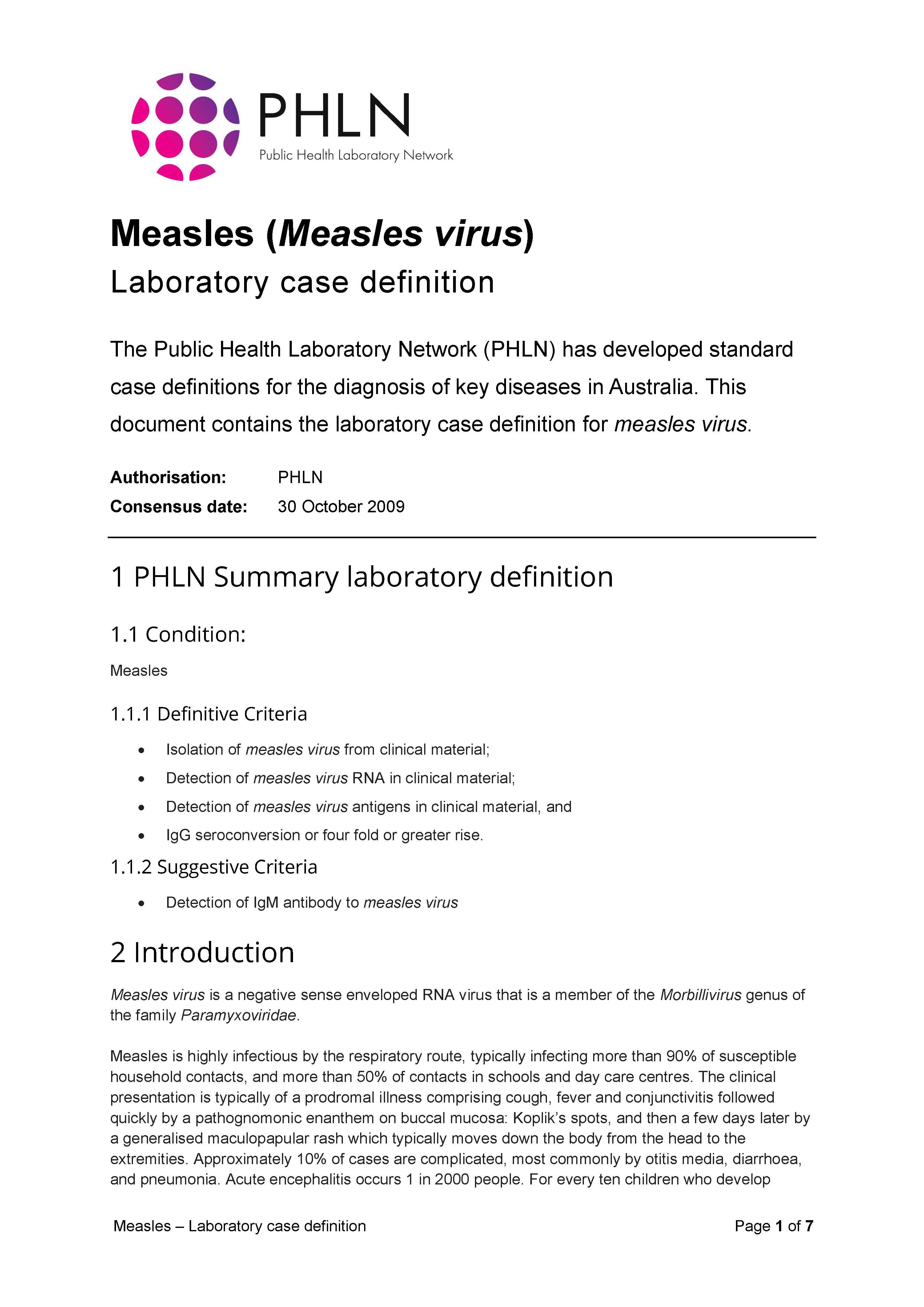 Measles – Laboratory case definition