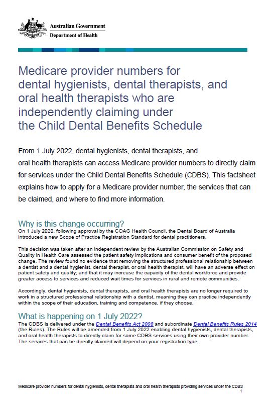 Medicare provider numbers for dental hygienists, dental therapists, and oral health therapists