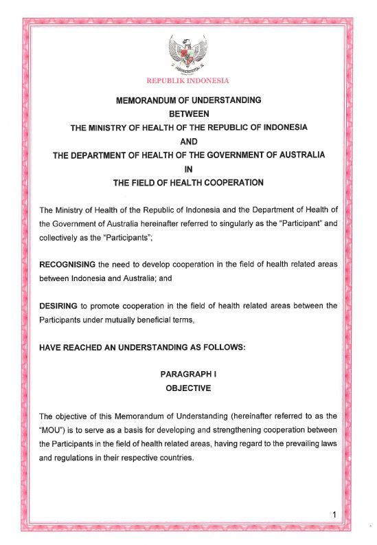 Memorandum of understanding between the Ministry of Health of the Republic of Indonesia and the Department of Health of the Government of Australia in the field of health cooperation