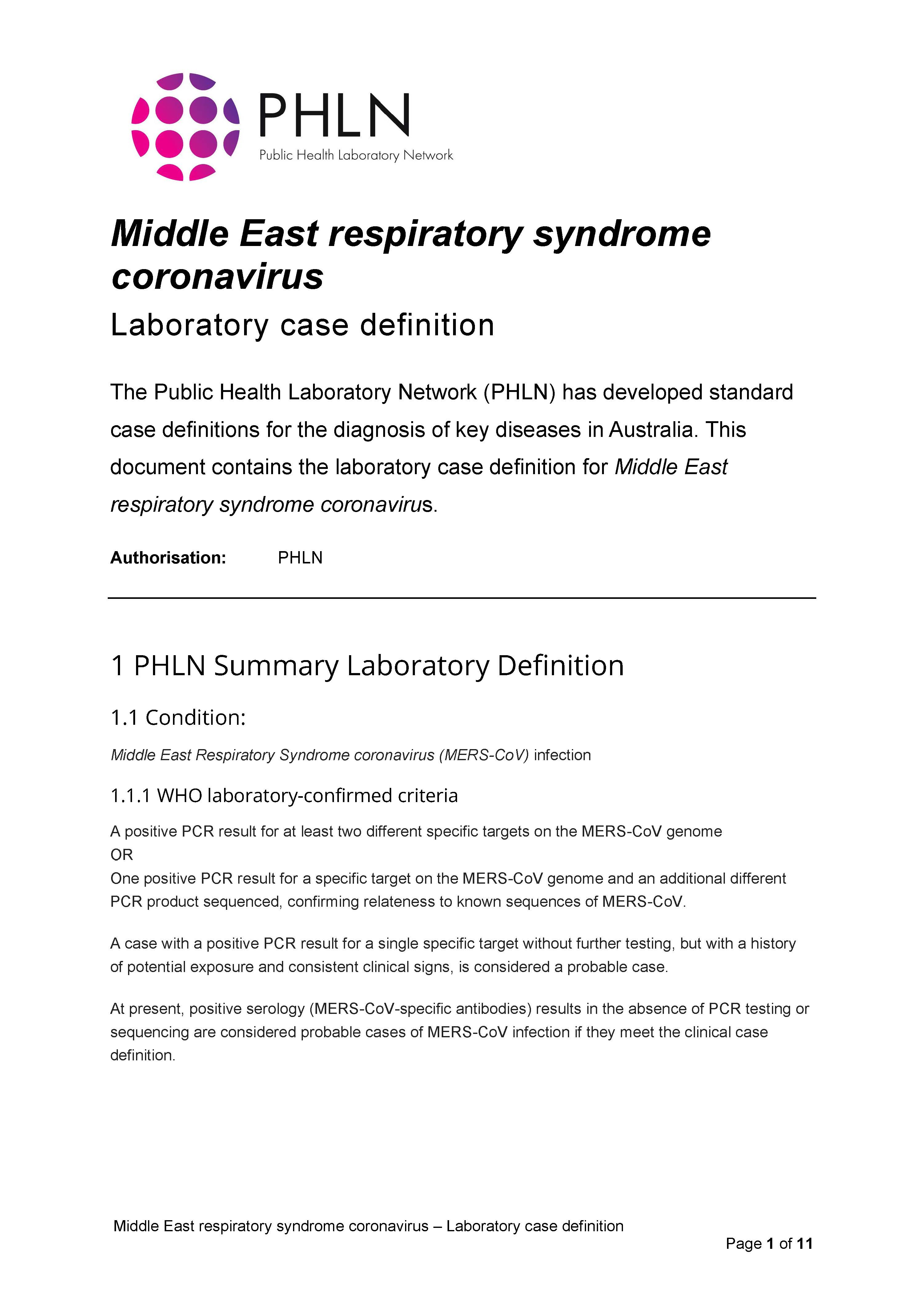 Middle East respiratory syndrome coronavirus – Laboratory case definition