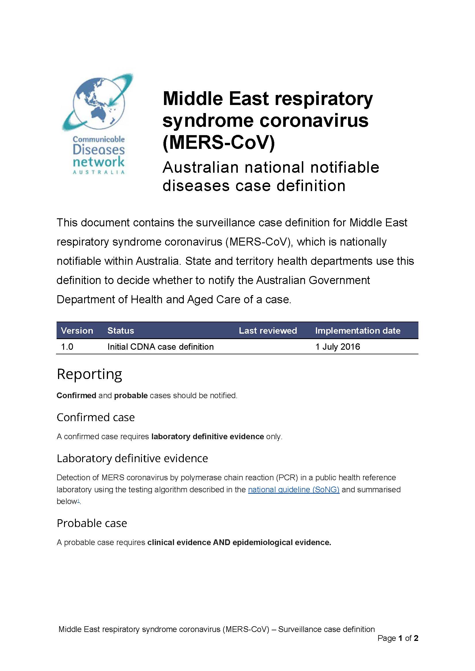 Middle East respiratory syndrome coronavirus (MERS) – Surveillance case definition