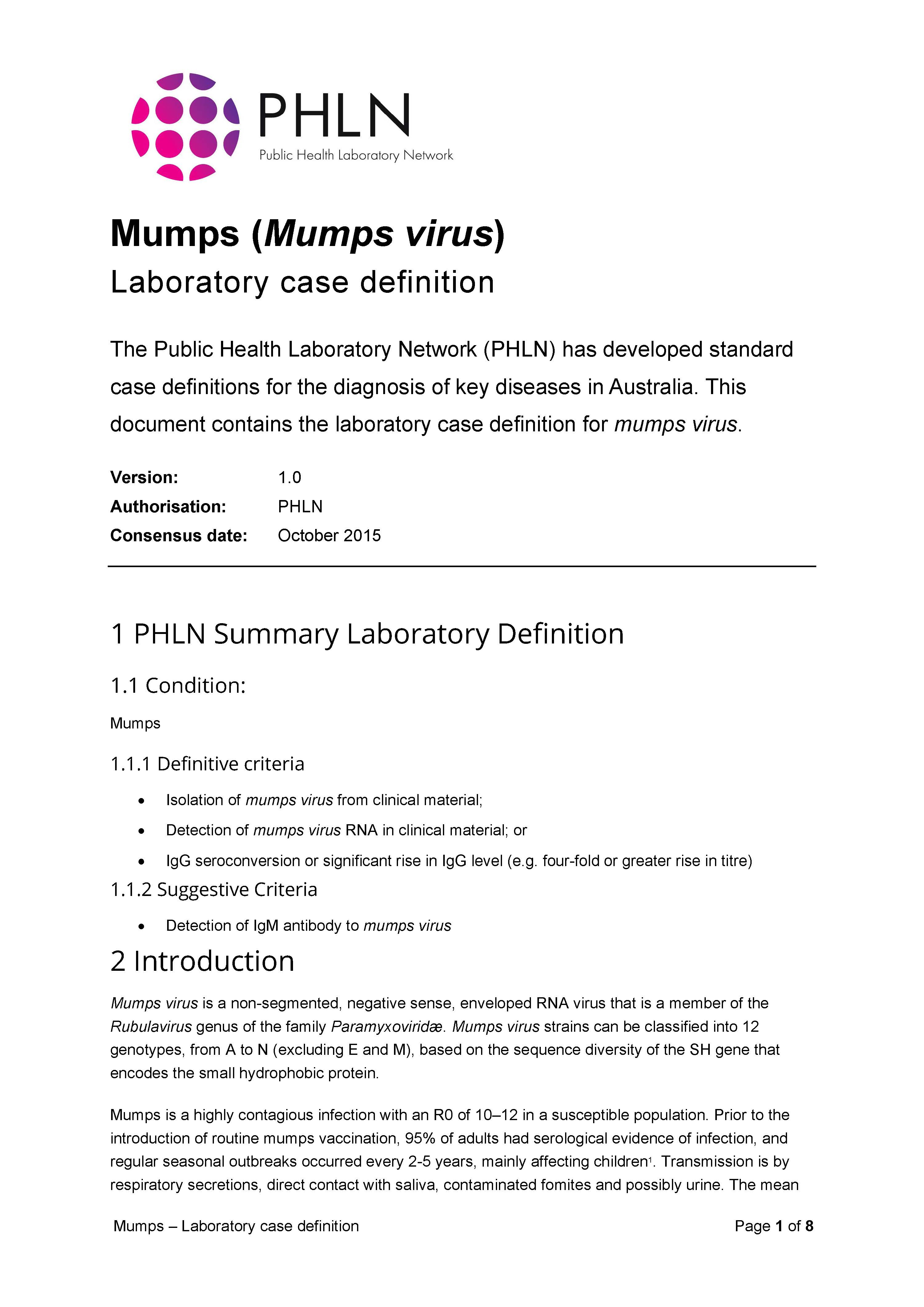 Mumps – Laboratory case definition