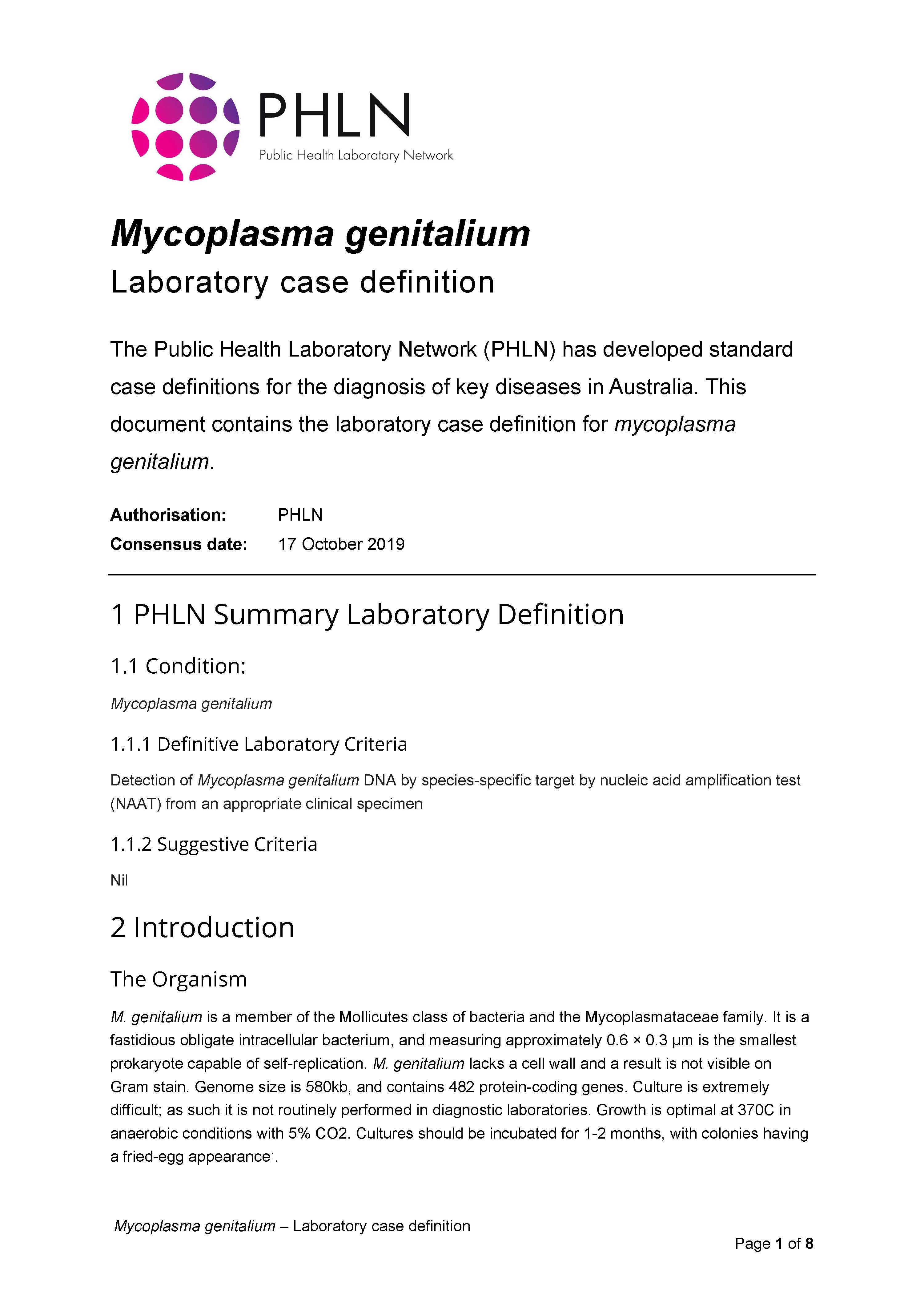 Mycoplasma genitalium – Laboratory case definition