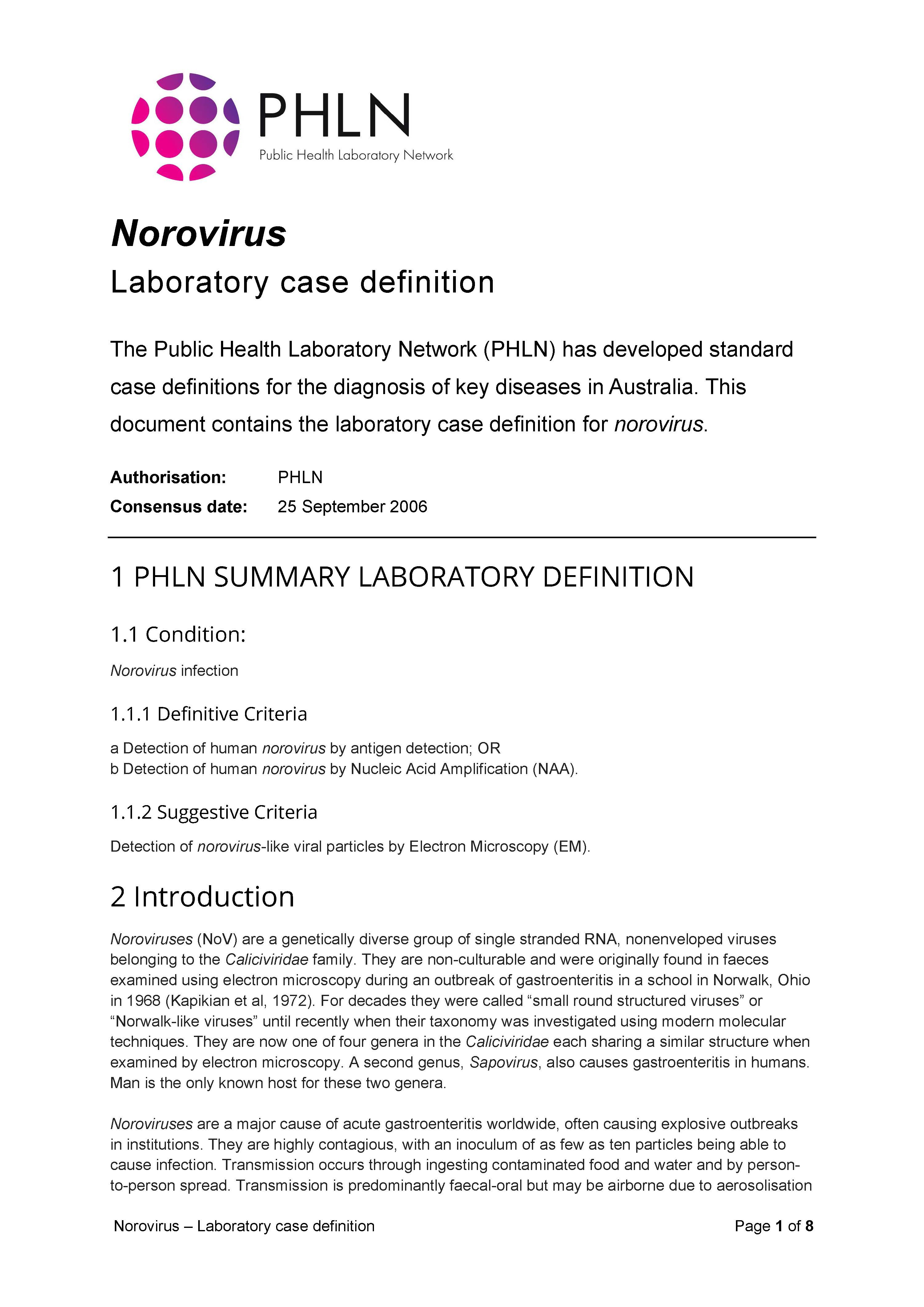Norovirus – Laboratory case definition