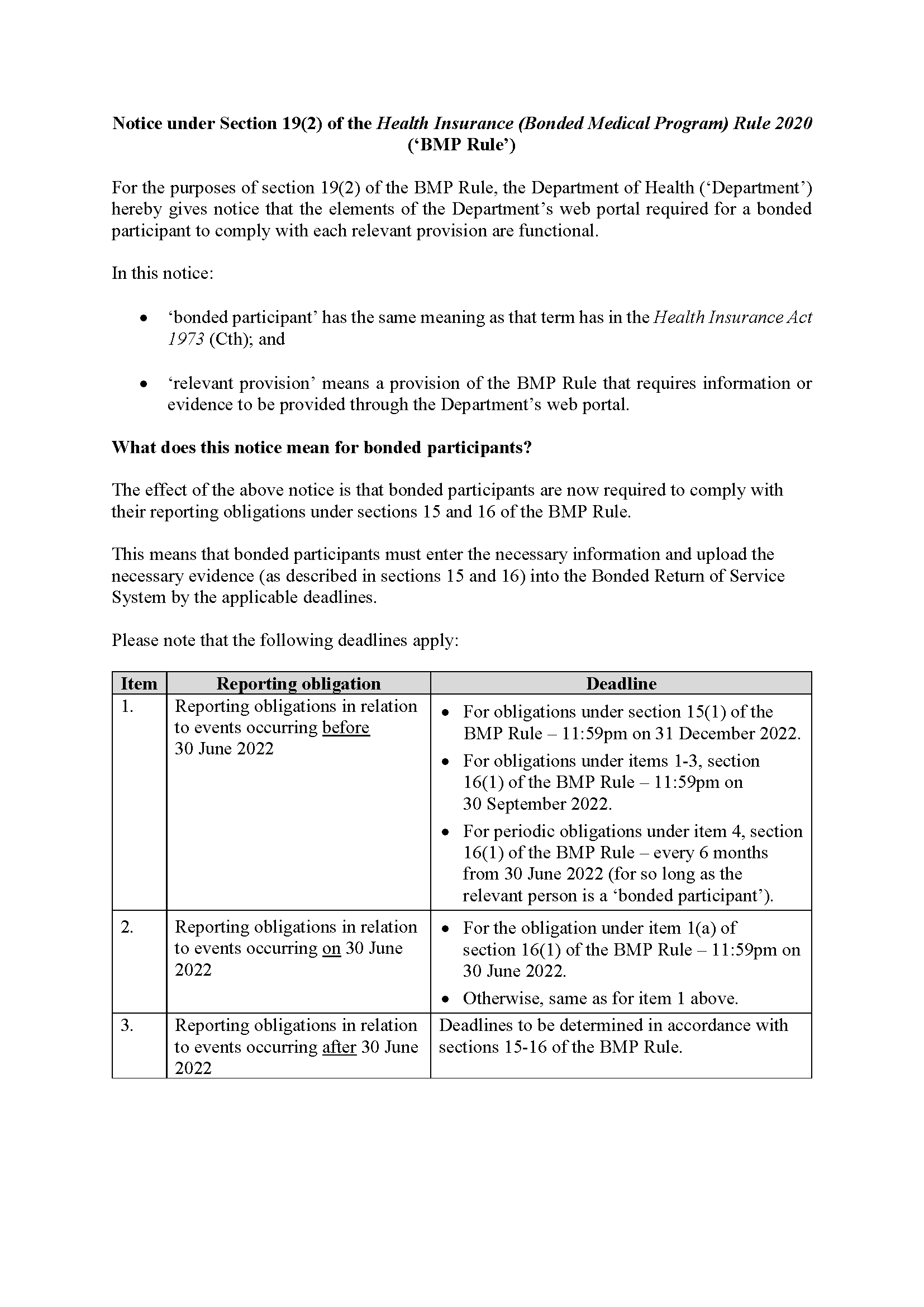 Bonded Medical Program Notice, 30 June 2022, Cover Image