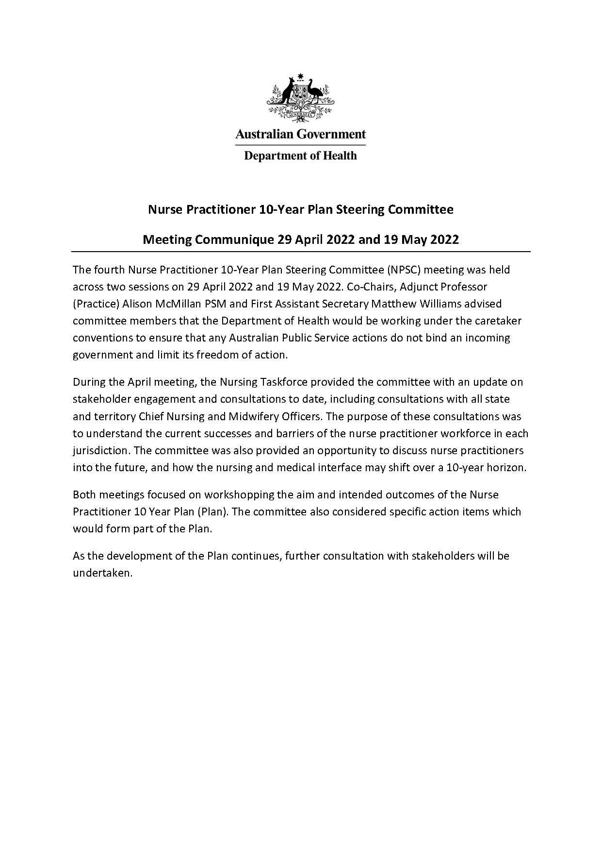 NPSC communique – 29 April 2022 and 19 May 2022