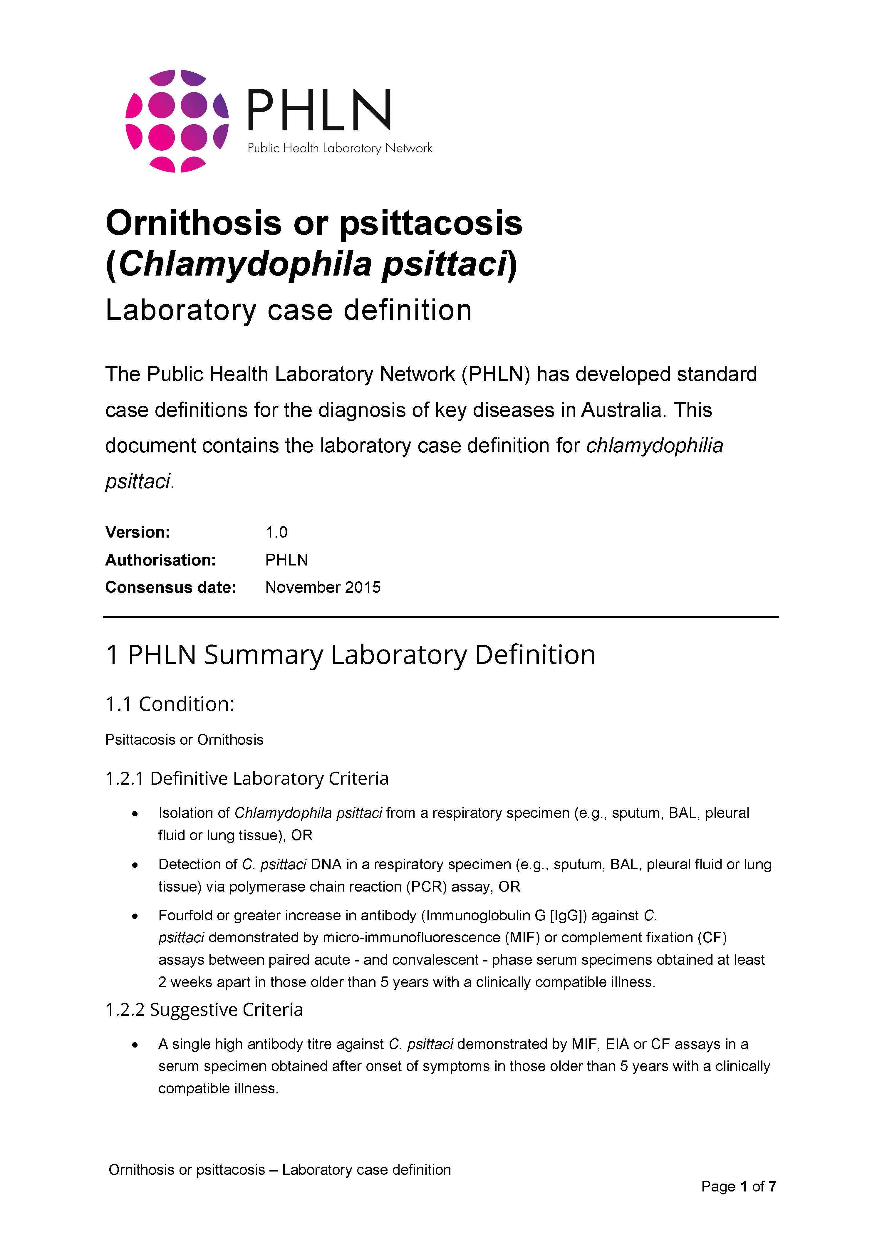 Ornithosis or psittacosis – Laboratory case definition