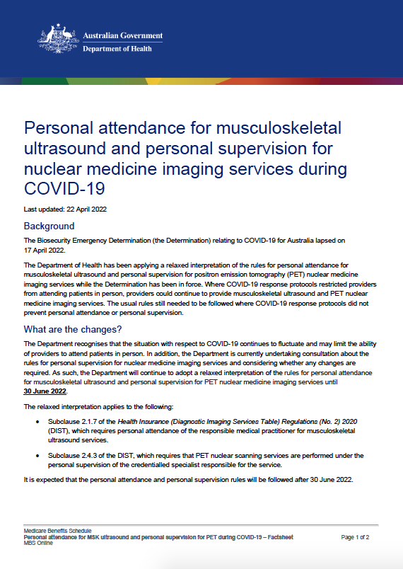 Personal attendance for musculoskeletal ultrasound and personal supervision for nuclear medicine imaging services during COVID-19 cover image