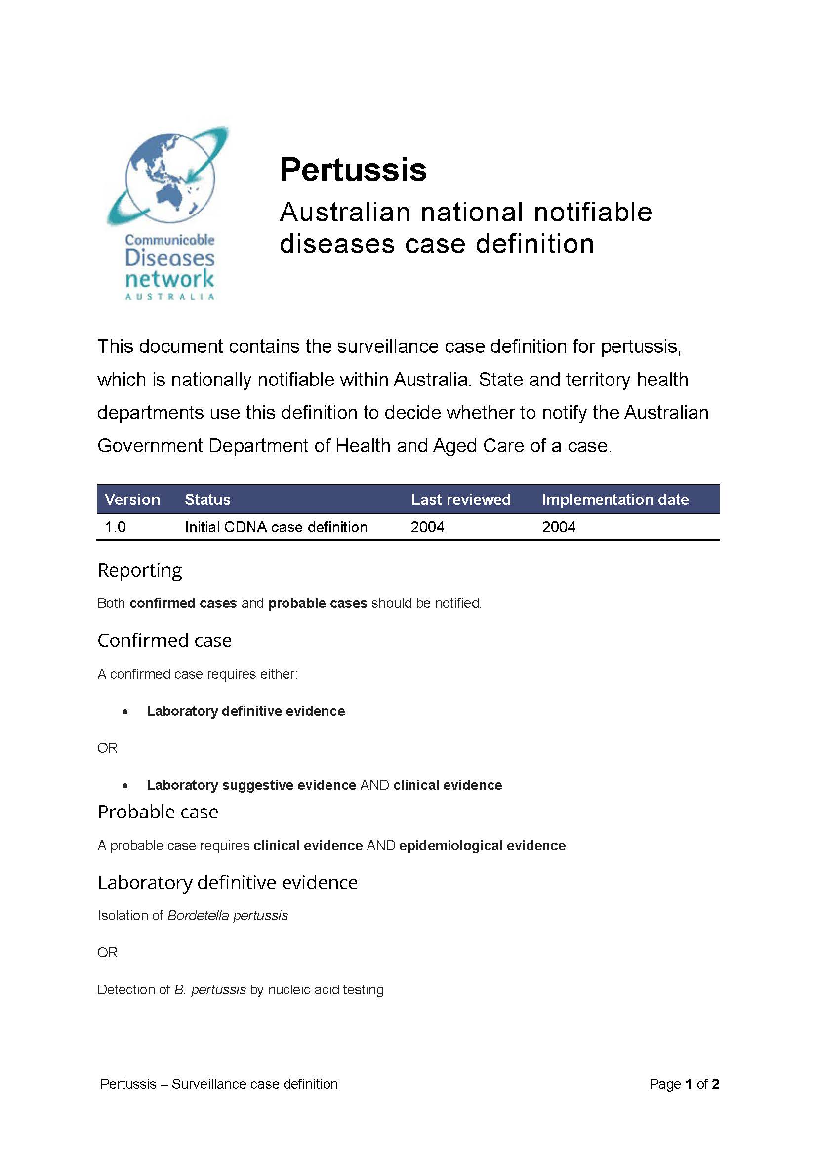 Pertussis (whooping cough) – Surveillance case definition