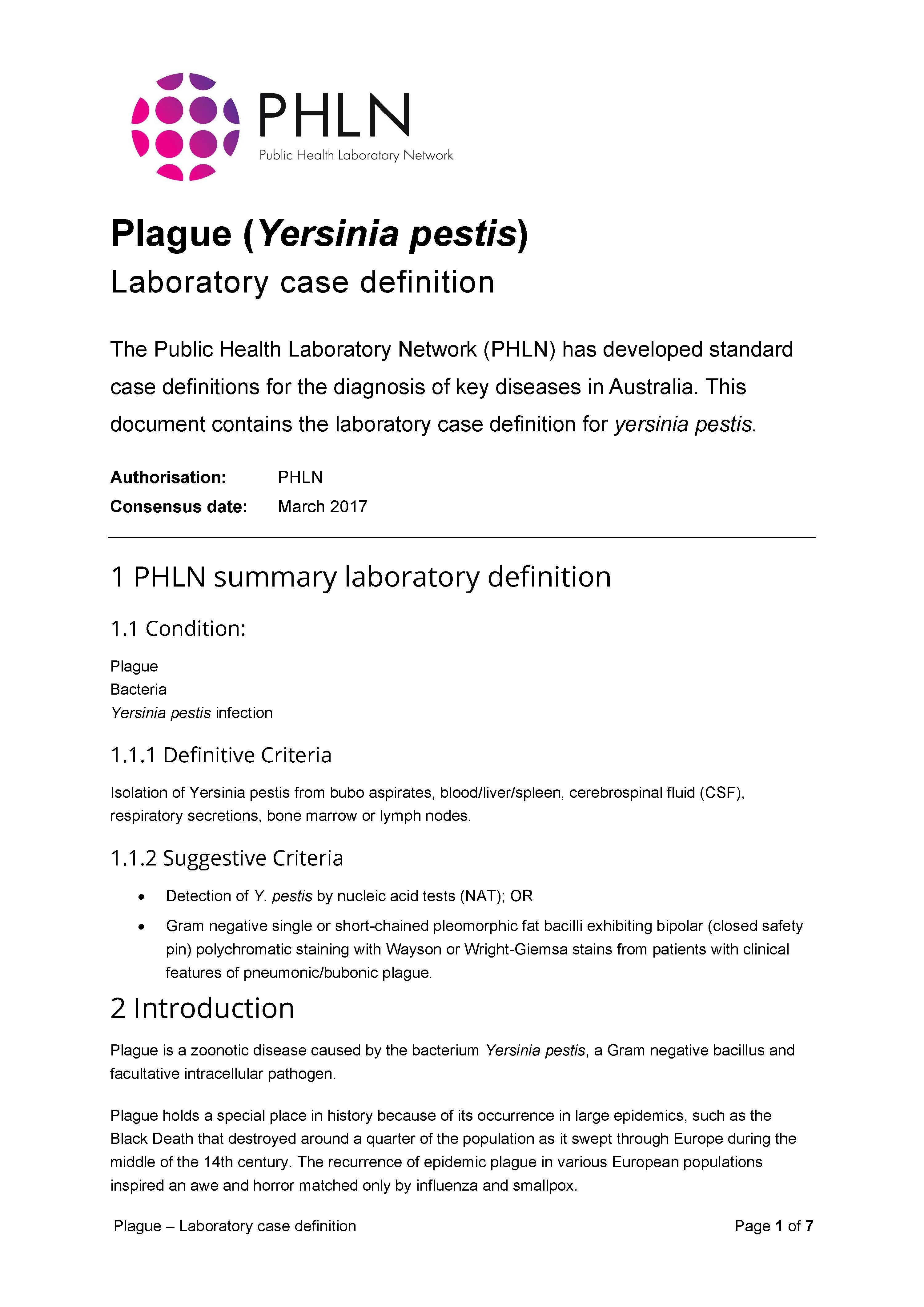 Plague – Laboratory case definition