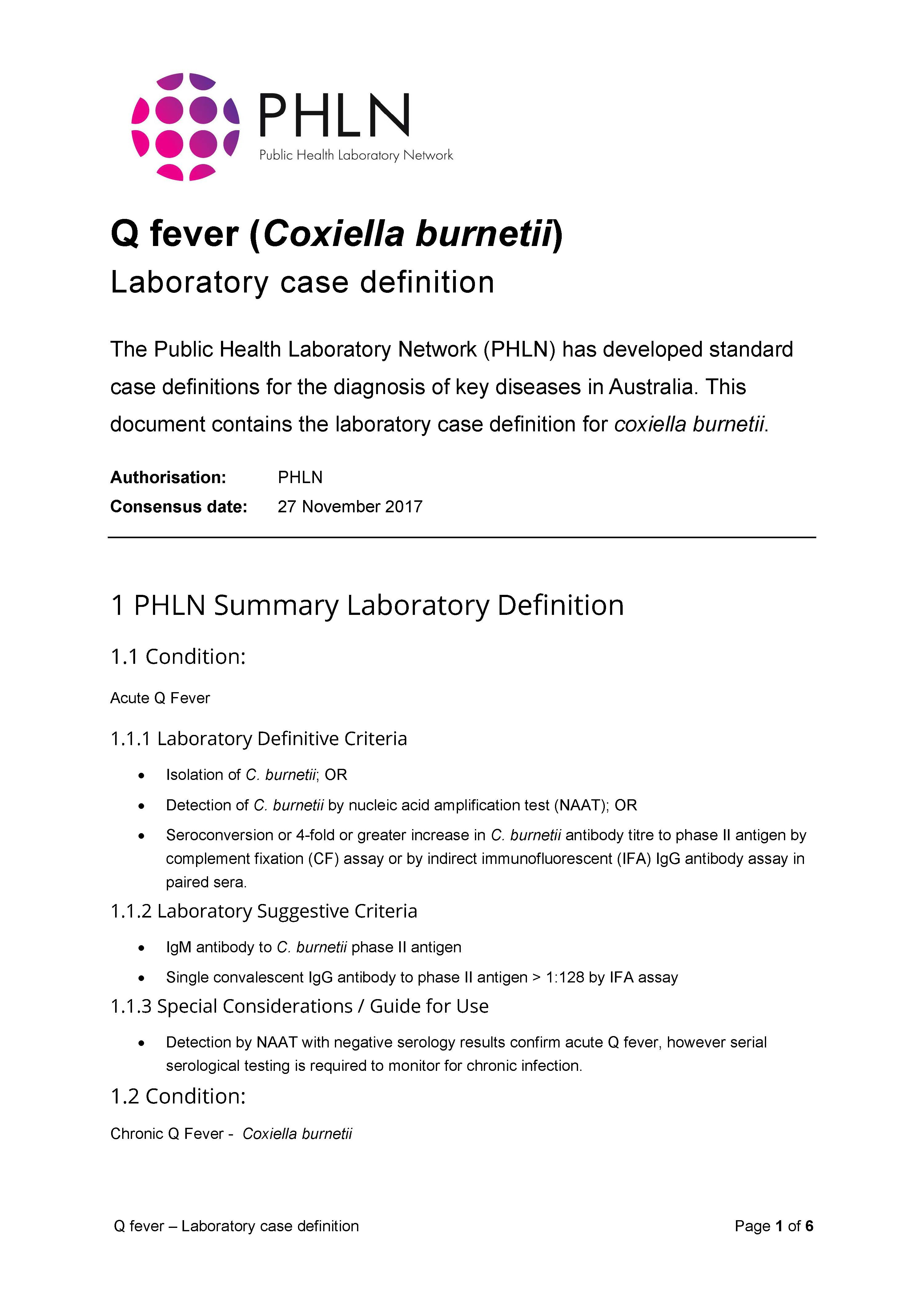 Q fever – Laboratory case definition