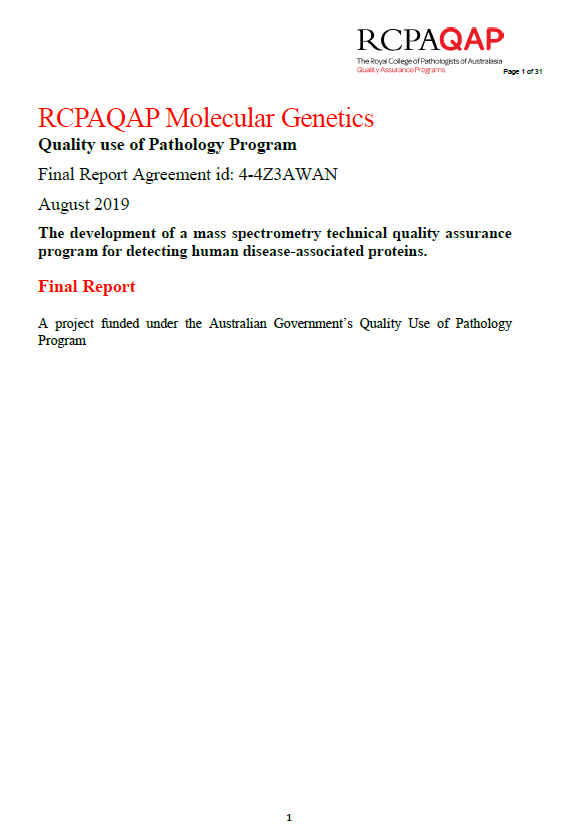 Cover image for Quality Use of Pathology Program (QUPP) – Final report for the development of a mass spectrometry technical quality assurance program for detecting proteomics project