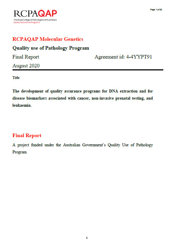 Cover image for Quality Use of Pathology Program (QUPP) – Final report for the development of quality assurance programs for DNA extraction project