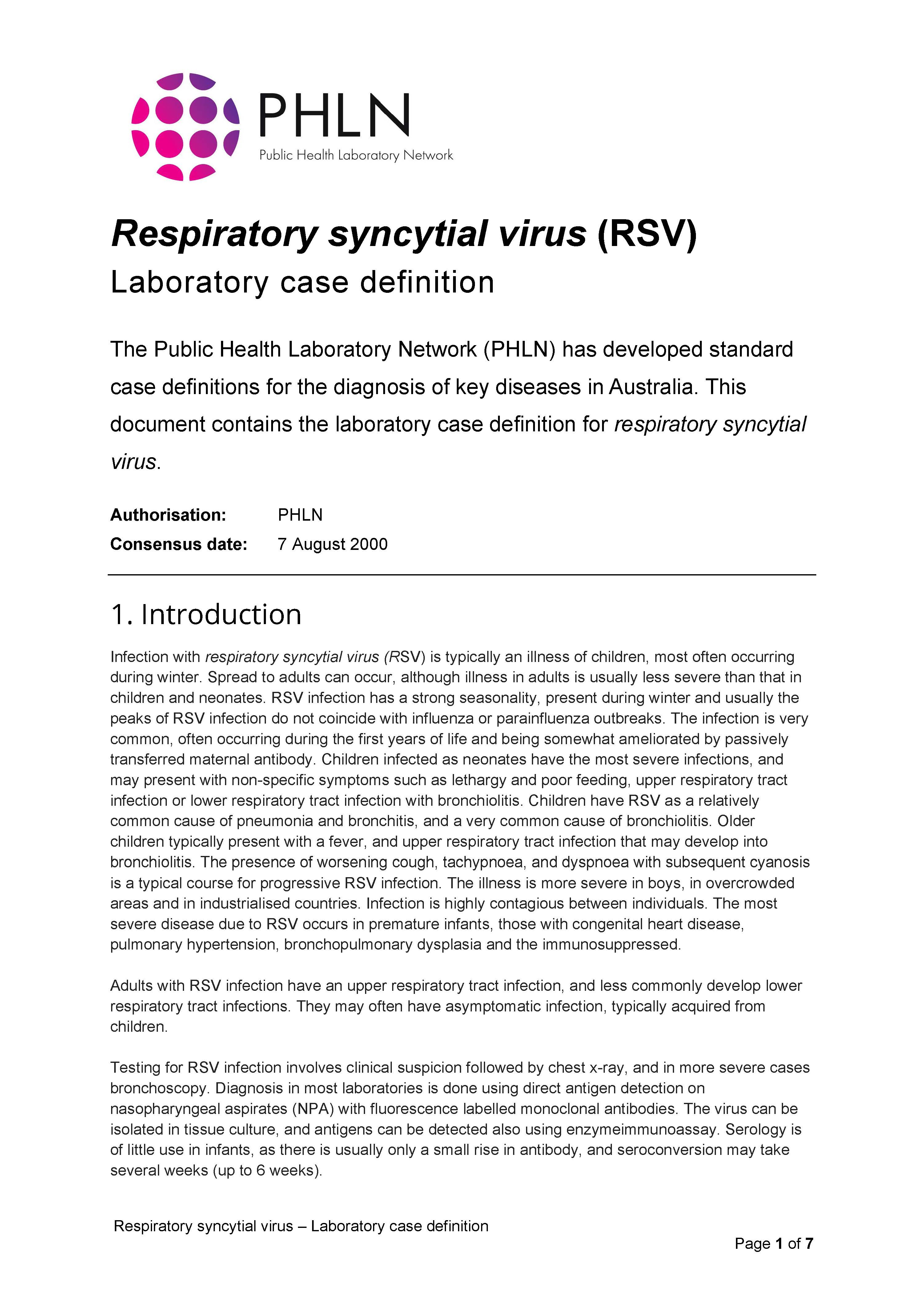 Respiratory syncytial virus – Laboratory case definition