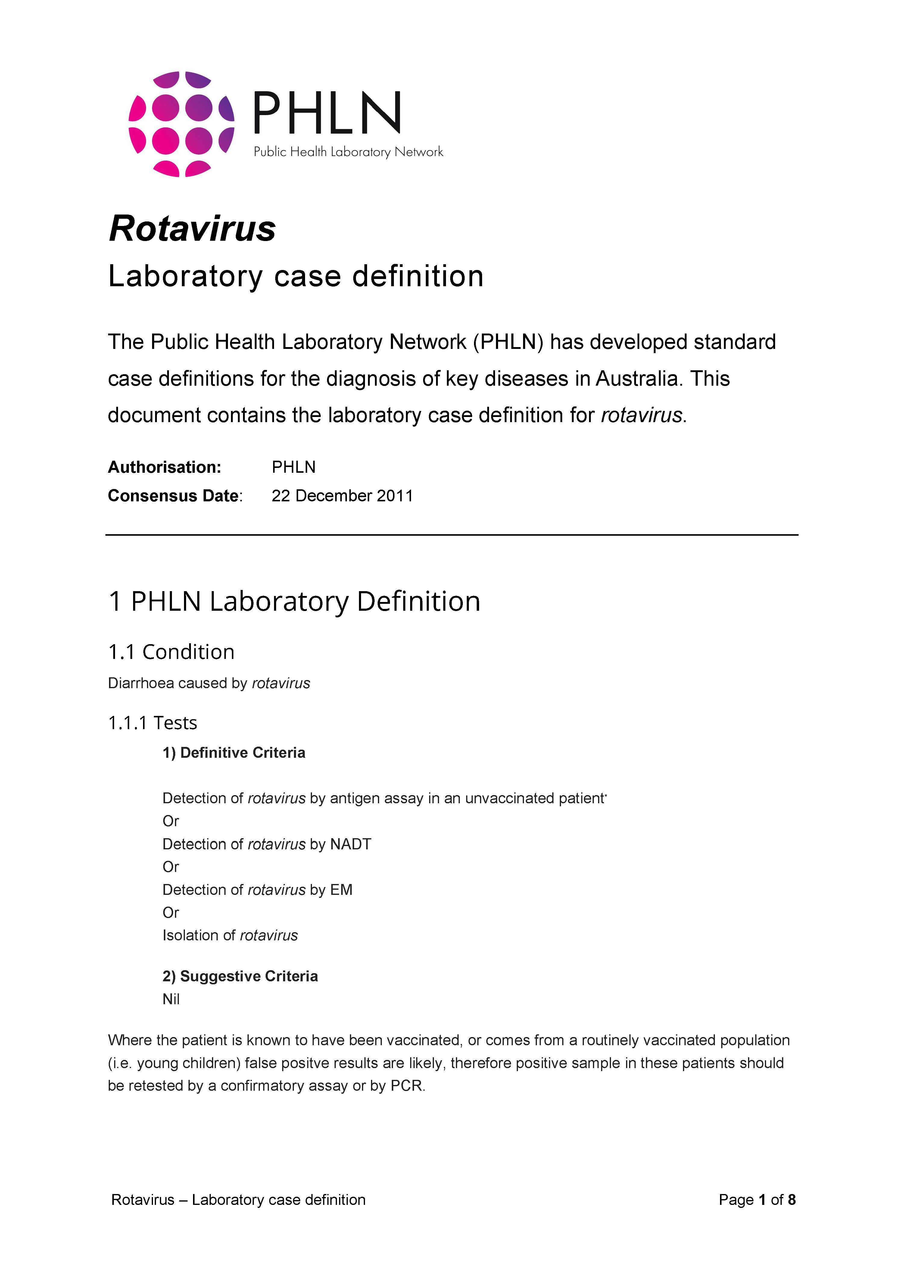 Rotavirus – Laboratory case definition