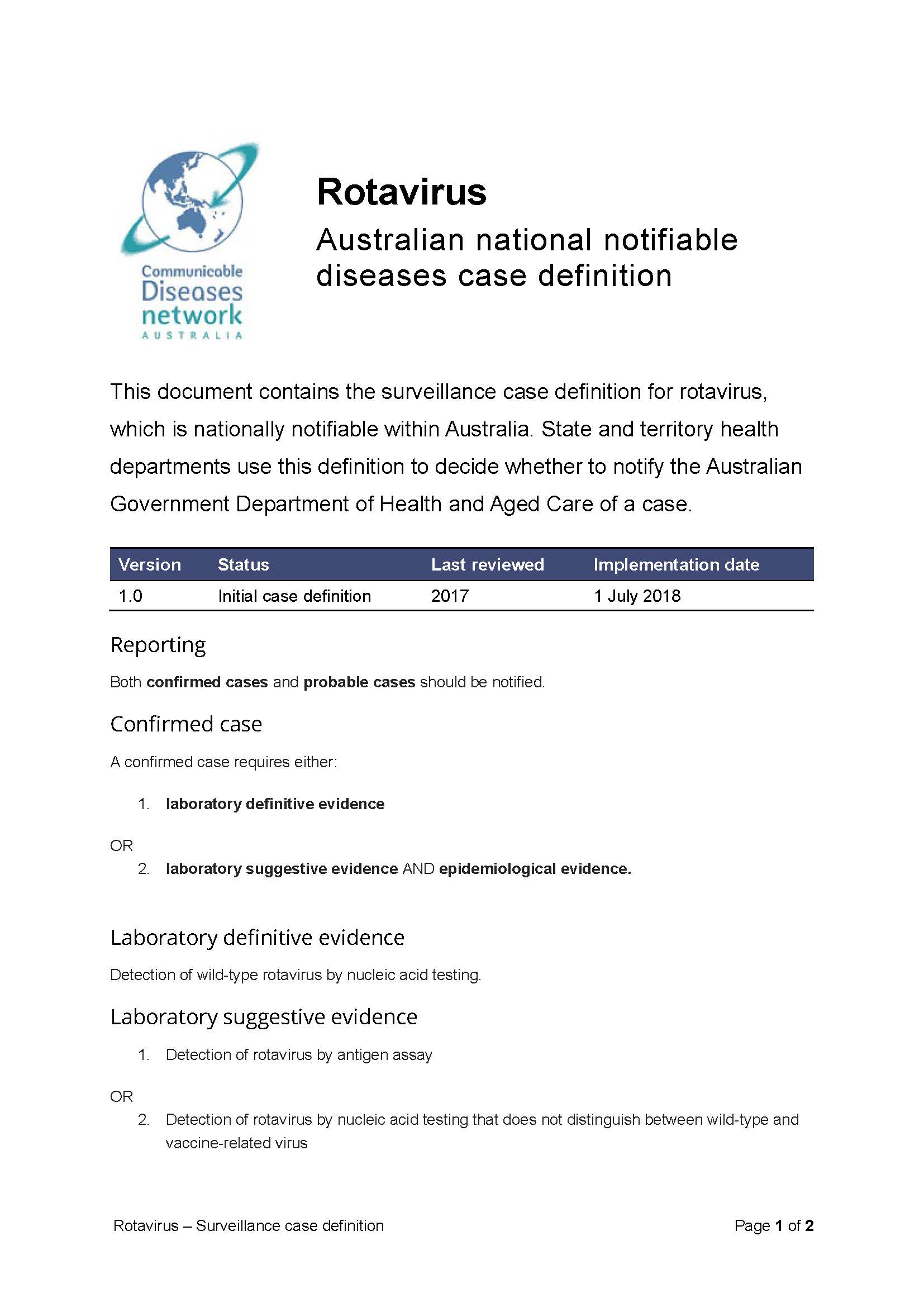 Rotavirus – Surveillance case definition