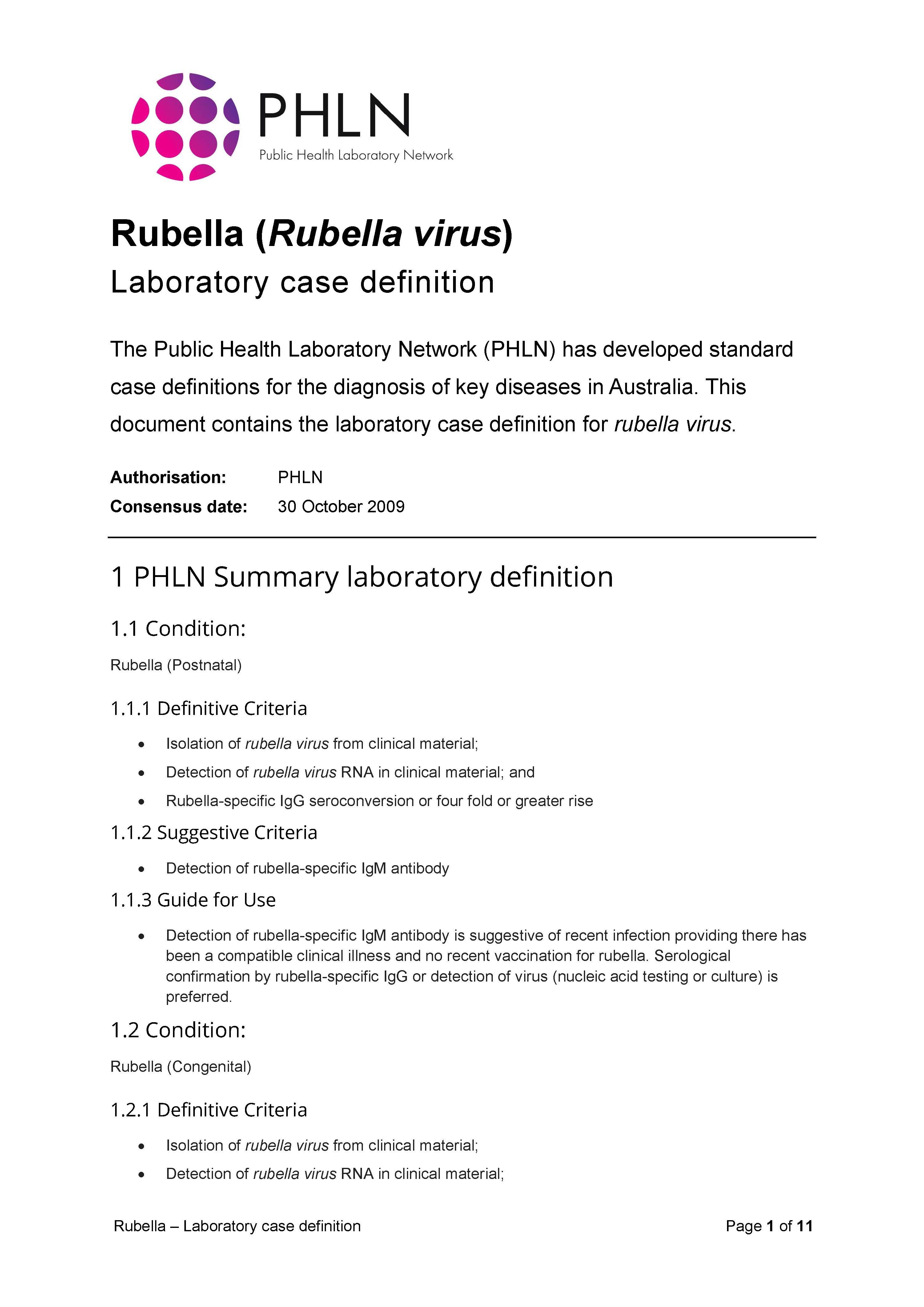 Rubella – Laboratory case definition