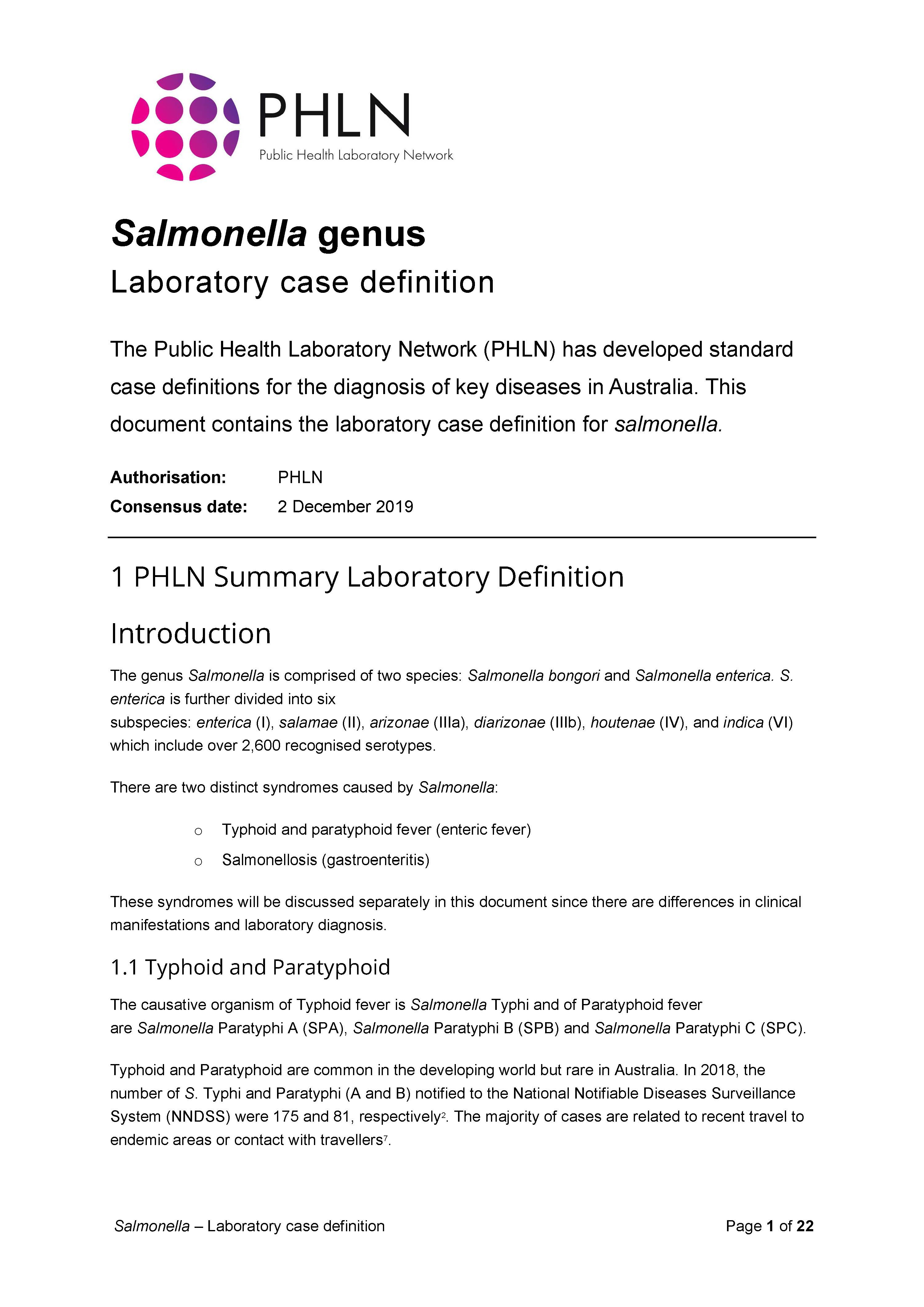 Salmonella – Laboratory case definition