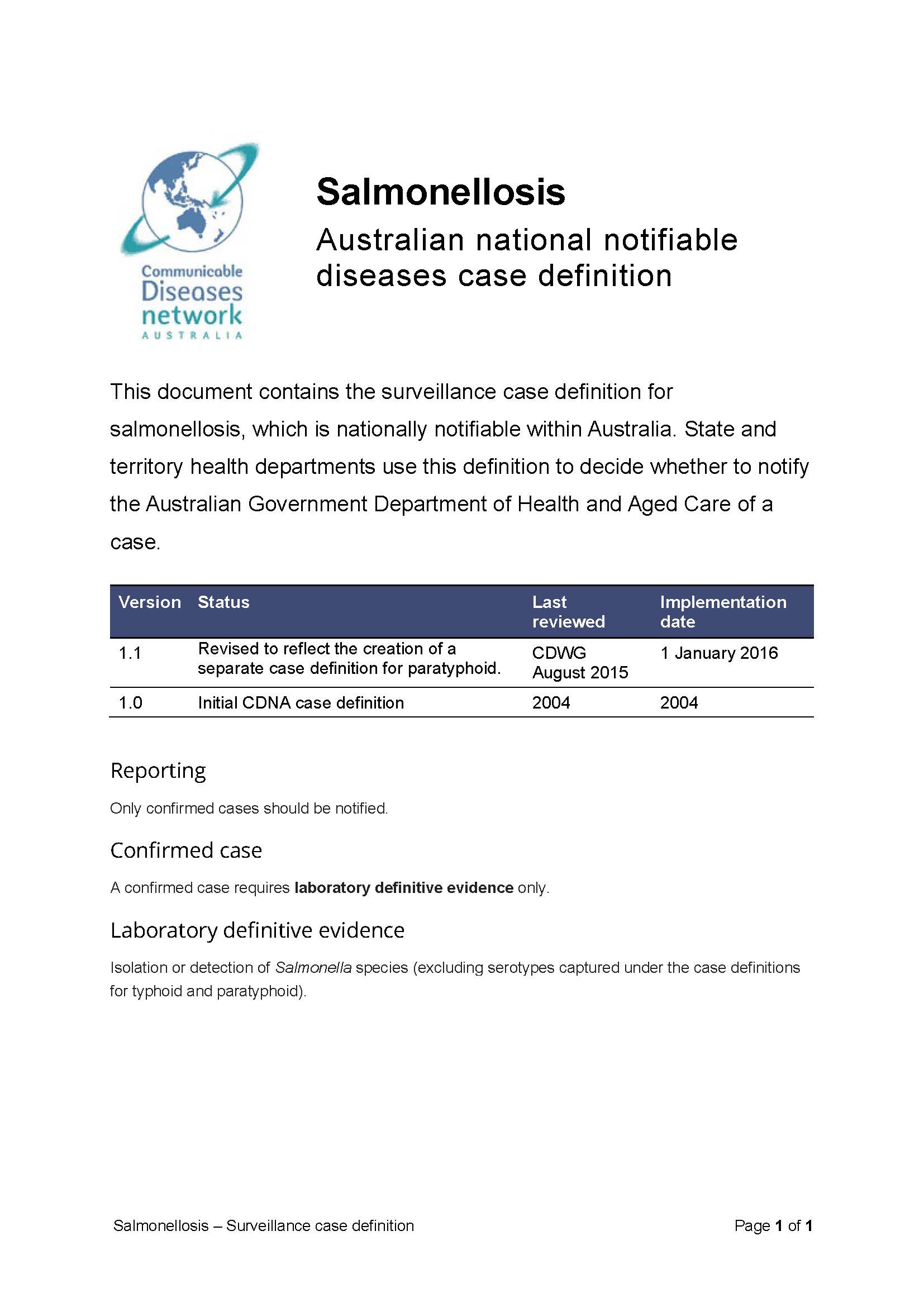 Salmonellosis – Surveillance case definition