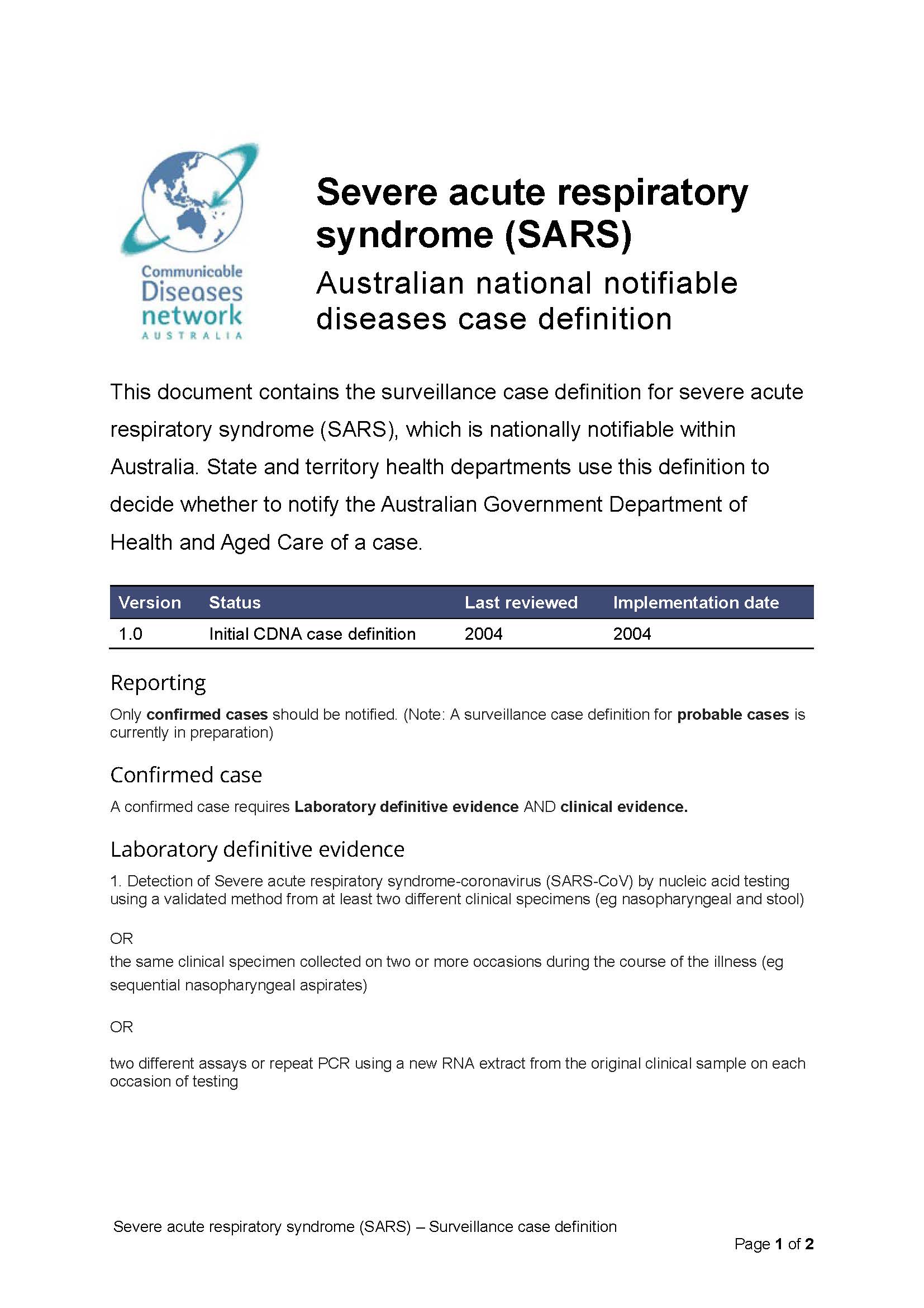 Severe acute respiratory syndrome (SARS) – Surveillance case definition