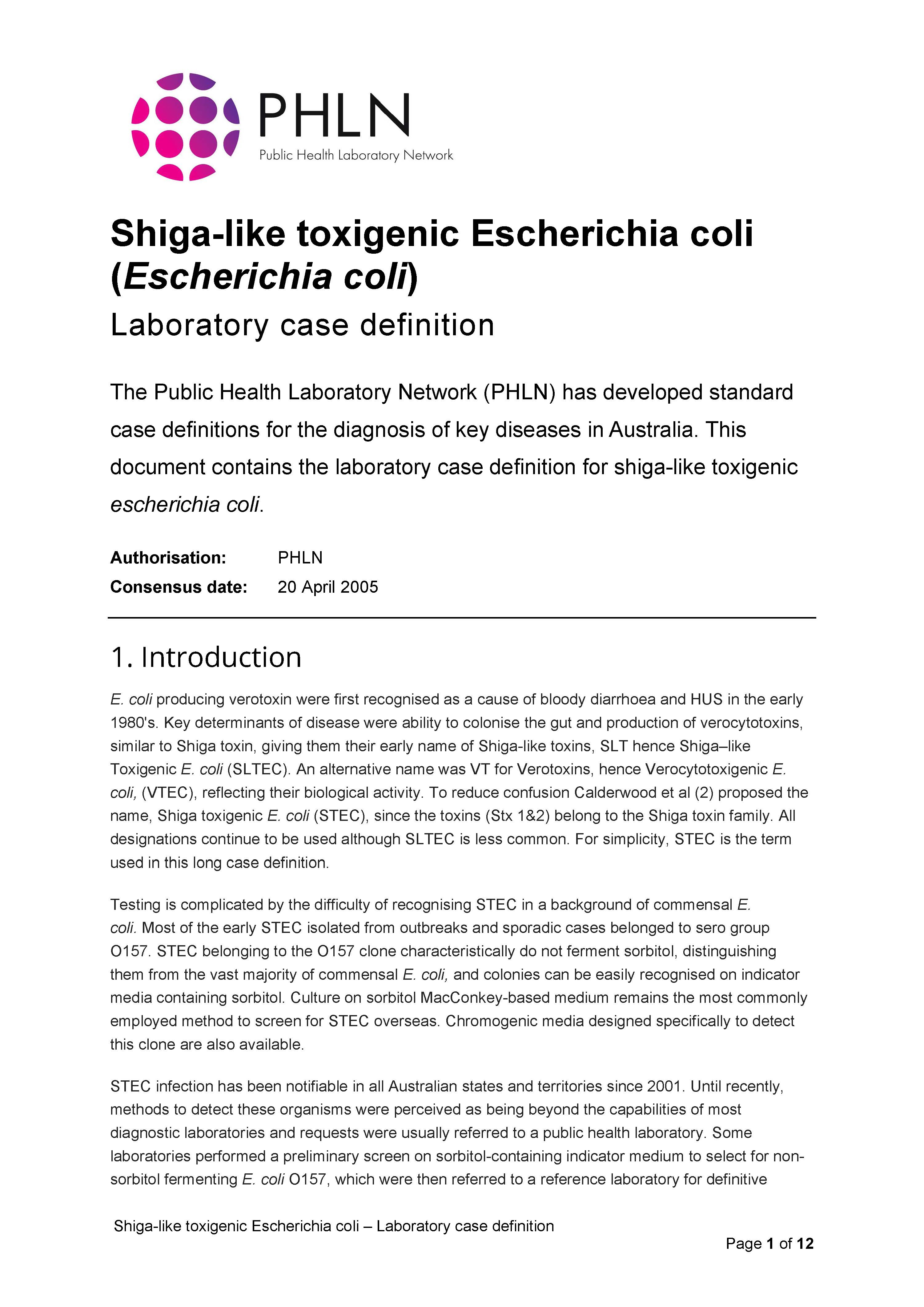 Shiga-like toxigenic Escherichia coli – Laboratory case definition