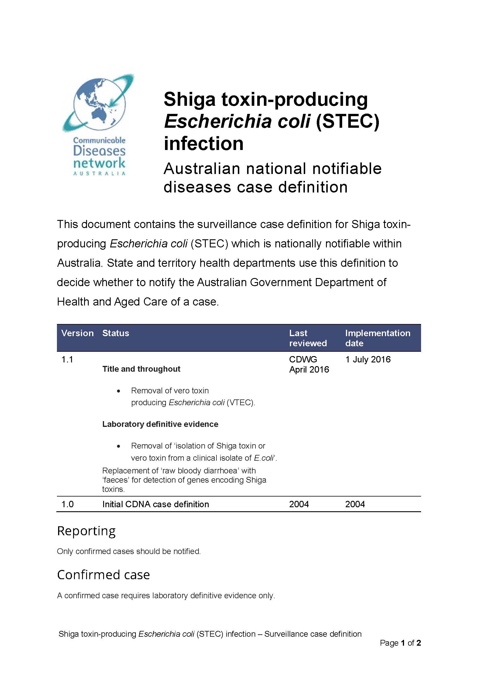 Shiga toxin producing Escherichia coli (STEC) infection – Surveillance case definition