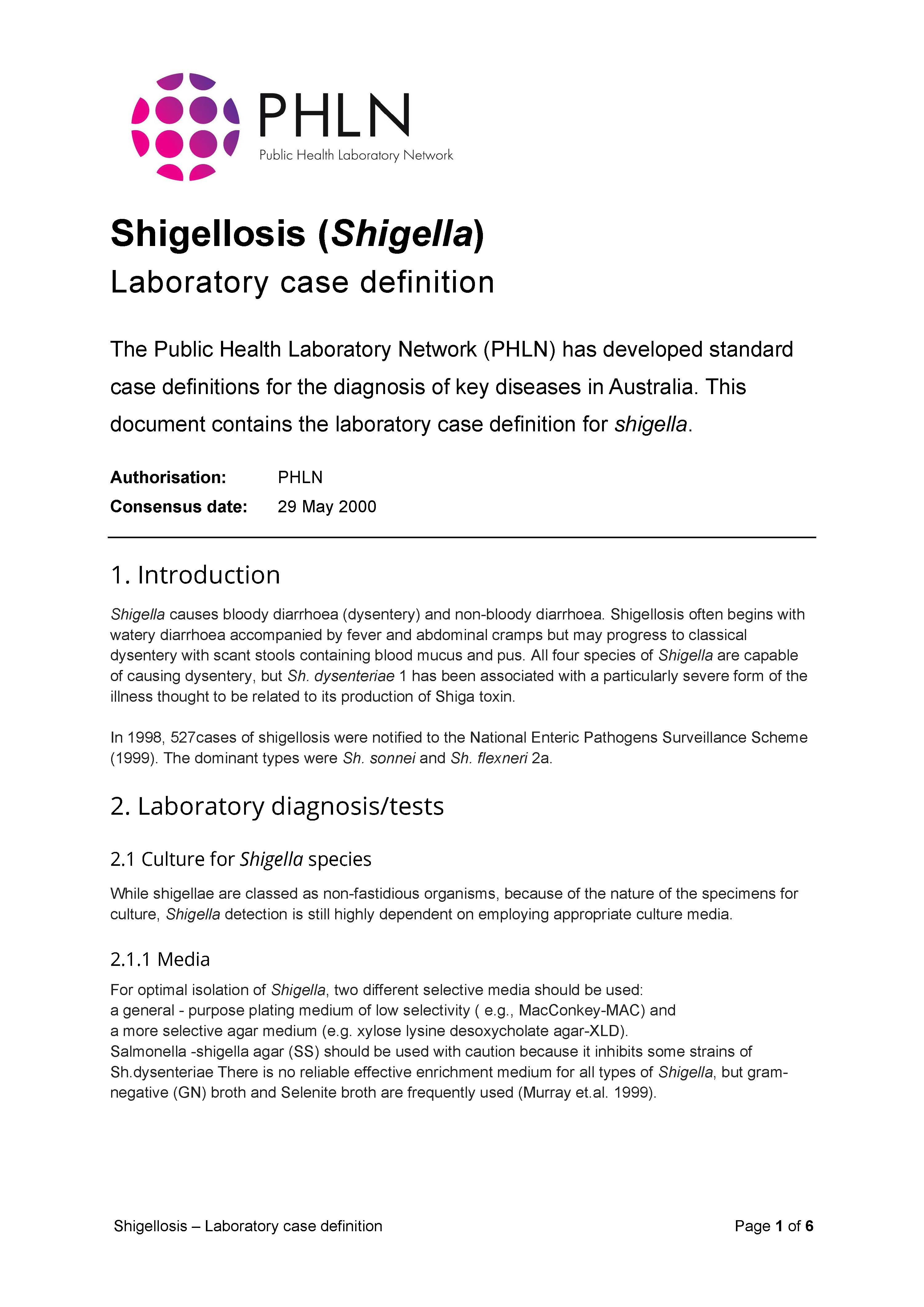 Shigellosis – Laboratory case definition