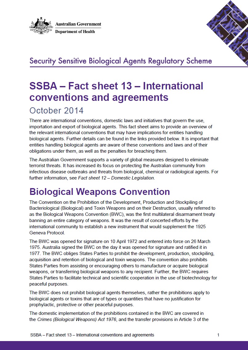 SSBA – Fact sheet 13 – International conventions and agreements