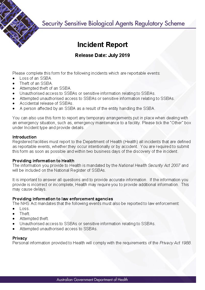 SSBA Form Incident Report Australian Government Department Of 