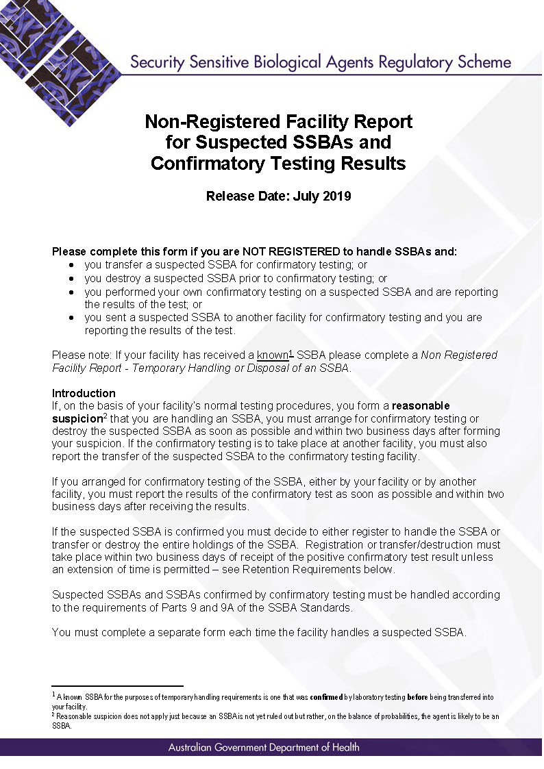 SSBA – Form – Non-registered facility report for suspected SSBAs and confirmatory testing results